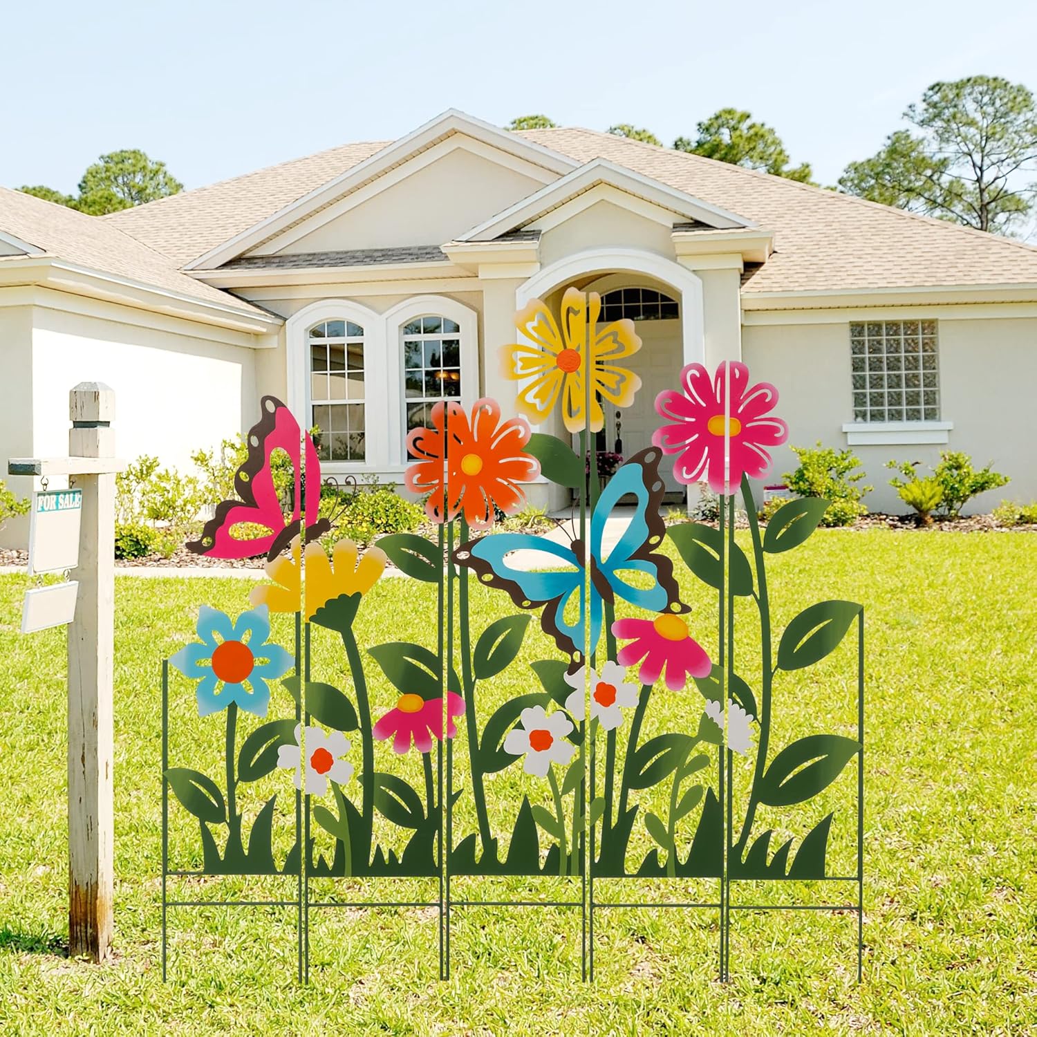 Glitzhome 40" Height Decorative Garden Stakes, 5 Pieces Metal Flowers & Butterfly Outdoor Stakes Decor, Spring Summer Garden Colorful Ornaments Yard Art Sign for Outside Lawn Backyard Patio Decor