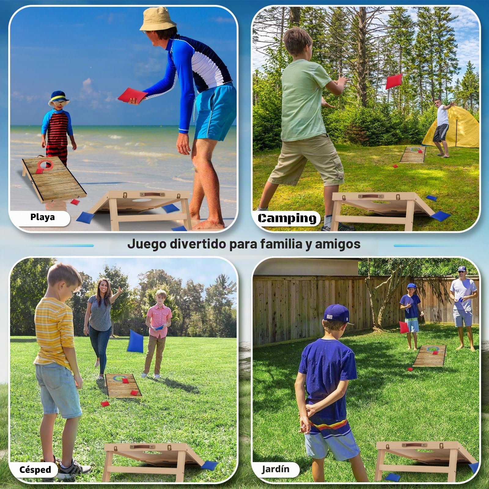 NZQXJXZ Juego de Cornhole, 60 x 30 cm Tableros de Madera Maciza Premium con Agujeros de maíz con 6 Bolsas de Frijoles y una Bolsa de Transporte, Juego de Lanzamiento de maíz para Familia y Adultos