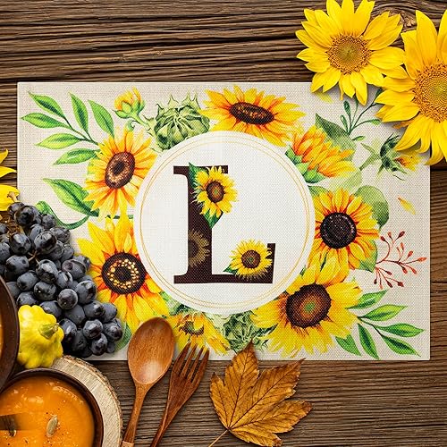 Miniatura 4 de GROBRO7 4 manteles individuales de girasol con letra P para mesa de comedor, duraderos, lavables, de lino rústico, vintage, de 12 x 18 pulgadas,