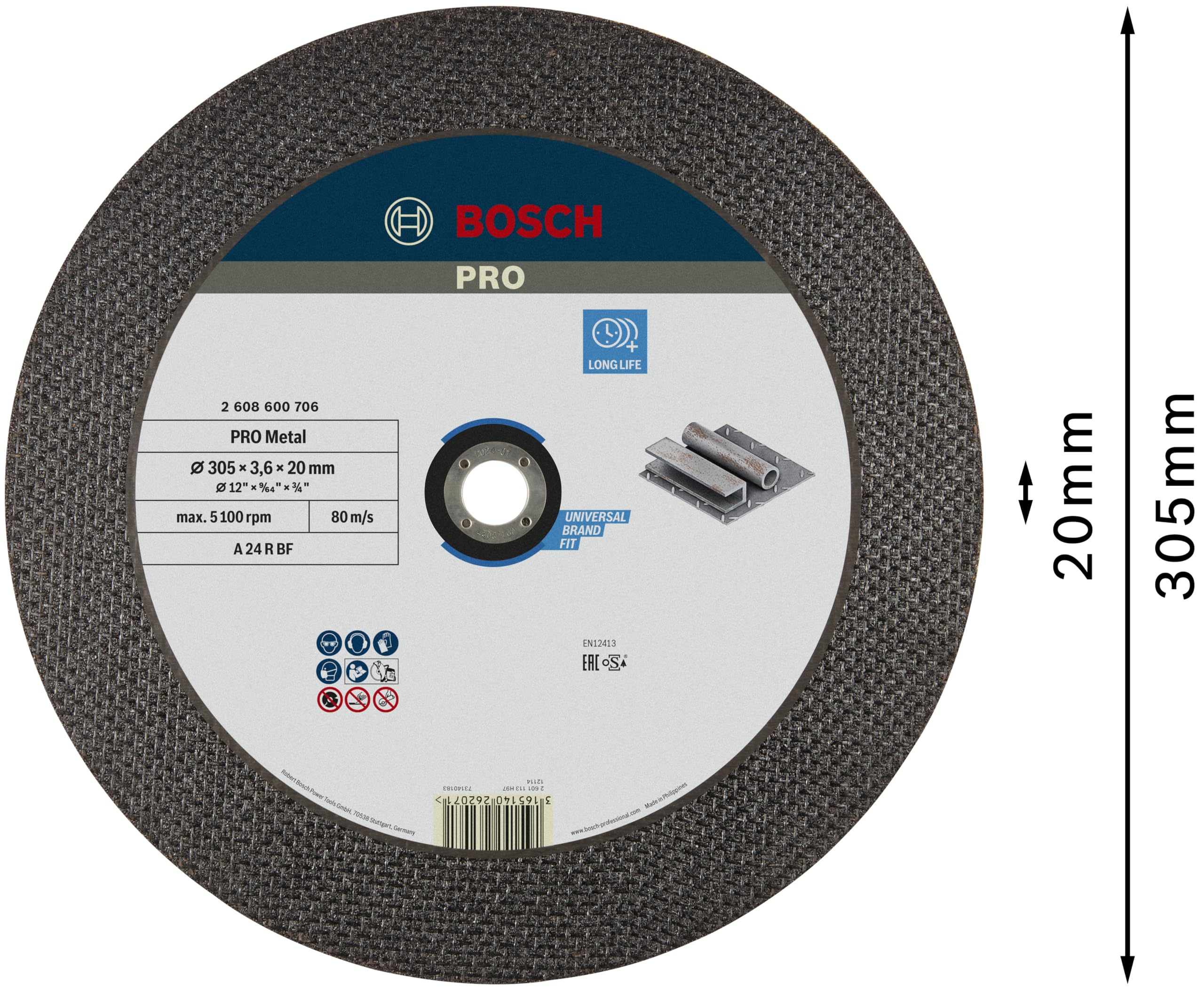 Bosch 1x Disque à tronçonner PRO Metal Longlife pour tronçonneuse thermique et alésage 20 mm (pour Acier, Ø 305 mm, Professional Accessoire Tronçonneuse thermique) (Lot de 2)