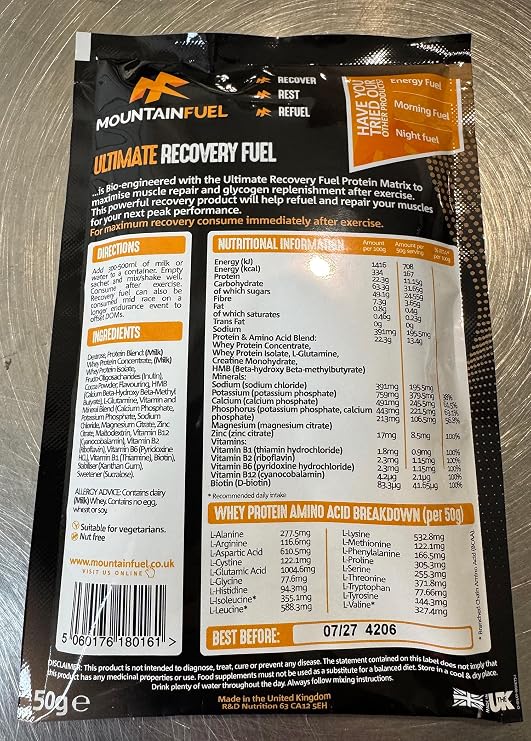 Mountain Fuel Ultimate Recovery Multipack. Contains 4 X Chocolate Energy Sachets for Runners, Cyclists, Marathon Training and Climbing. Contains Carbohydrates, Protein, Fibre and Minerals. WADA-safe.