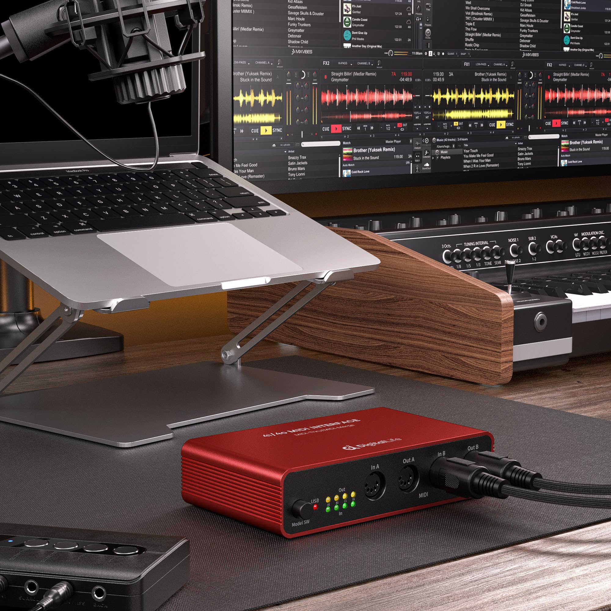 DigitalLife Quad-I/O Interfaccia MIDI 5-PIN DIN - MIDI Thru Box (4-In/4-Out) & MIDI Merge Box (2-In/4-Out), 8 Indicatori LED, Metallo