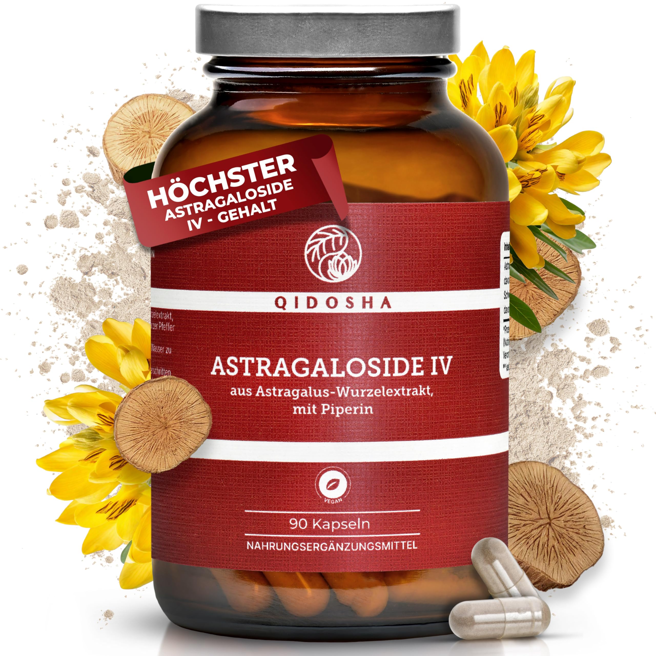 QIDOSHA® Astragaloside IV aus Astragalus-Wurzelextrakt plus Piperin, höchster Astragalosid IV Gehalt, 90 Kapseln im Apothekerglas, deutsche Fertigung, jede Charge laborgeprüft