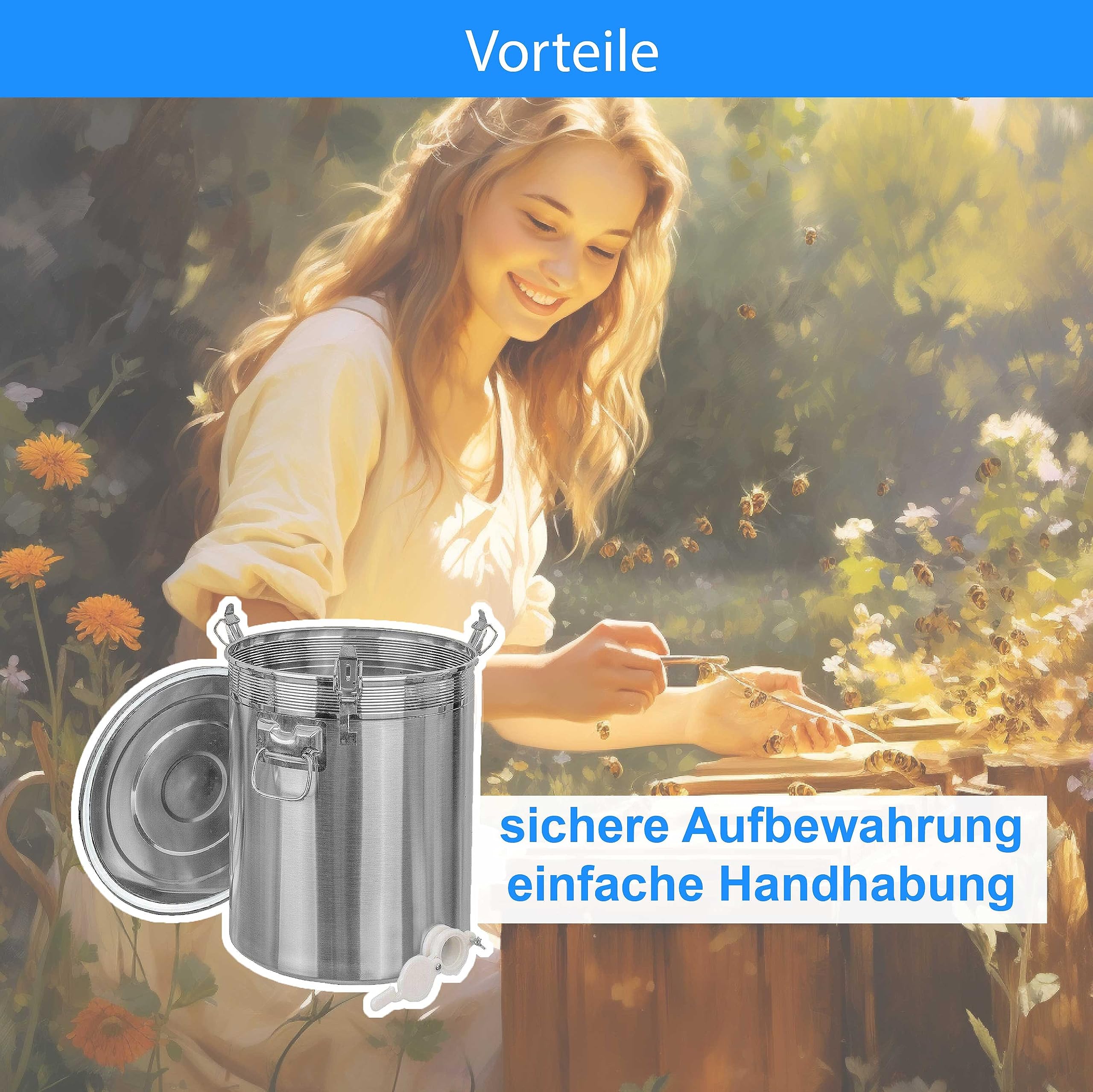 ONPIRA Edelstahl Honig Abfülleimer mit Quetschhahn Abfüllbehälter in 4 Varianten auswählbar (50kg, Kunststoff Quetschhahn)