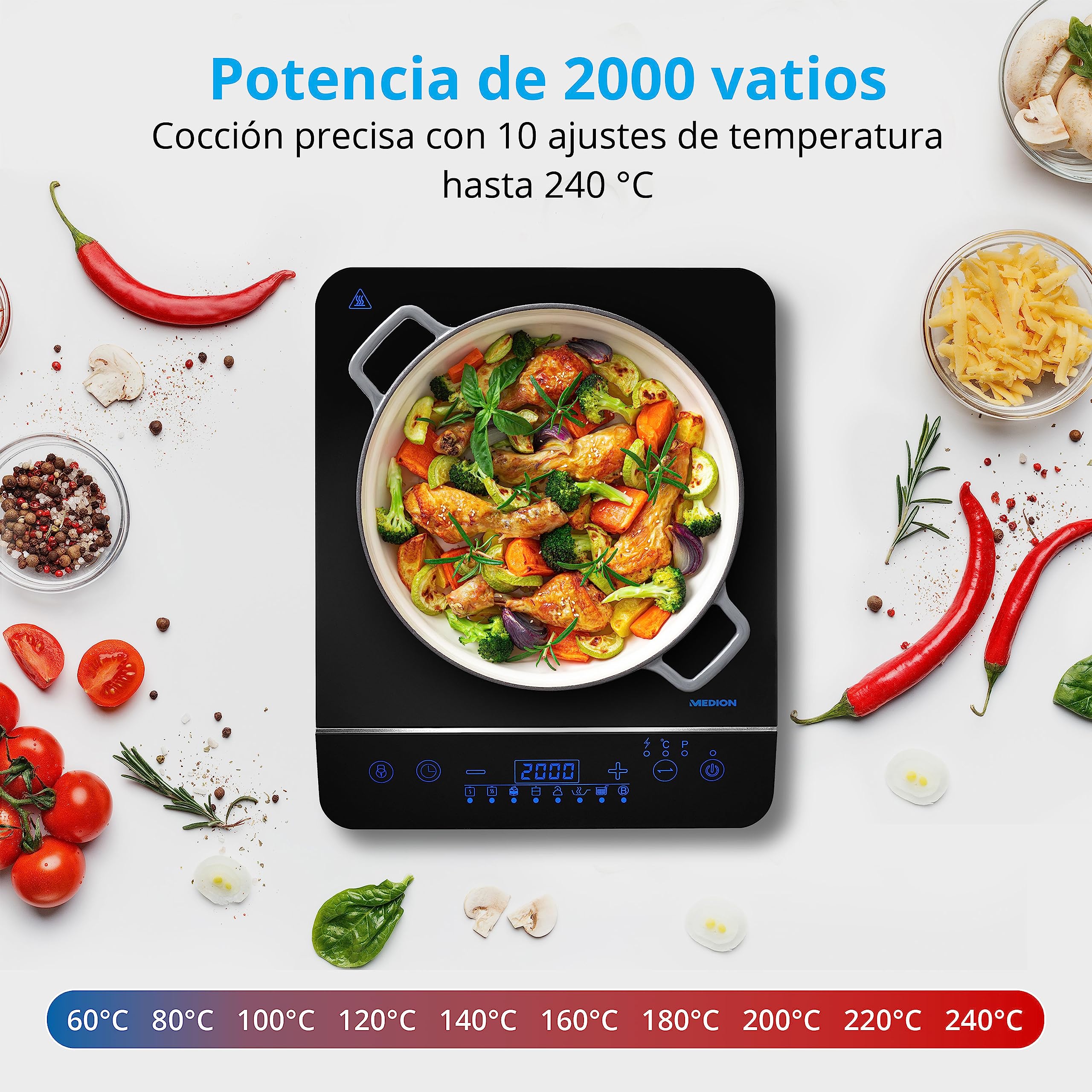 Placa de inducción MEDION / 2000 W/rango de temperatura 60-240°C / 8 programas automáticos / 10 niveles de potencia/pantalla LED/MD 17595 / negro