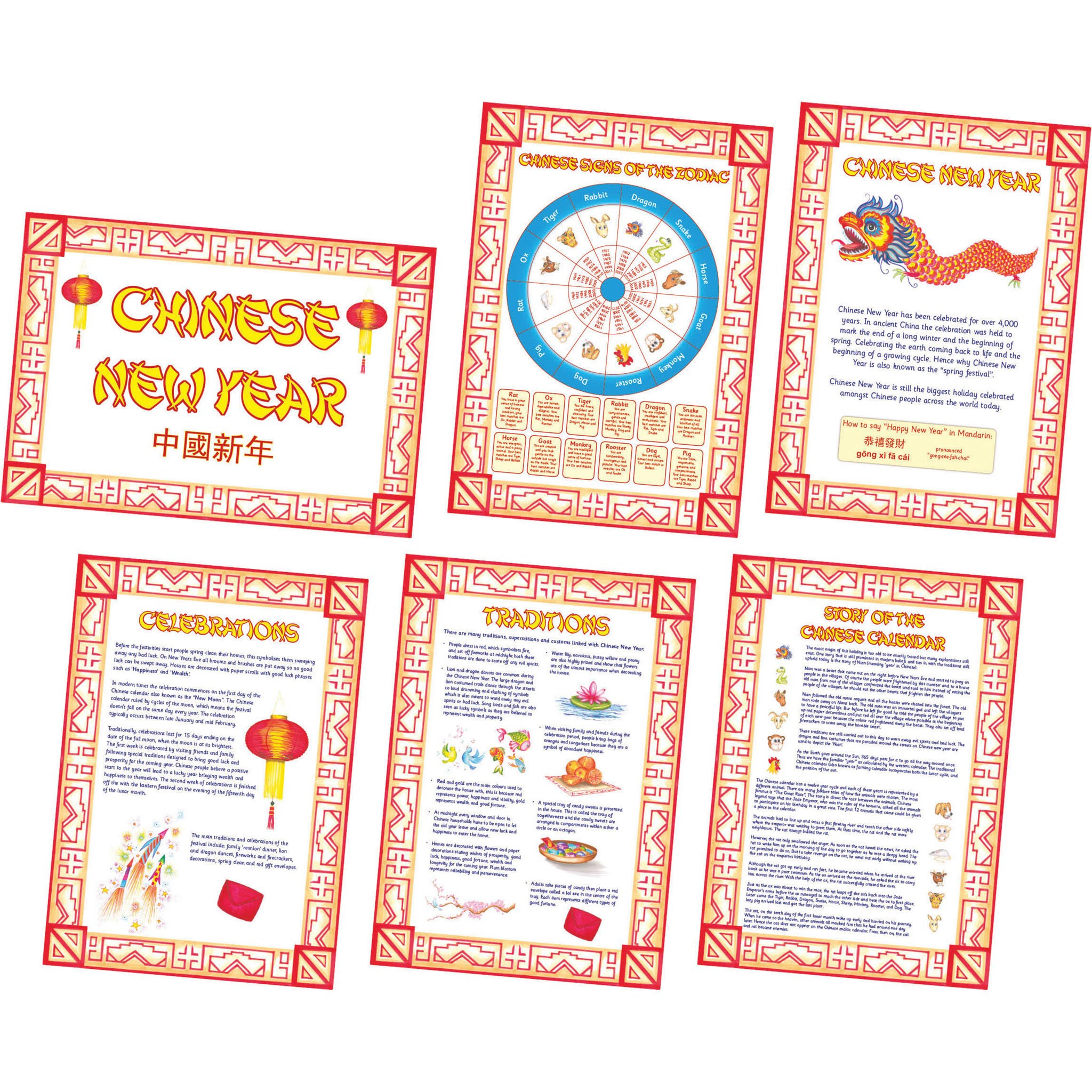 Springboard Chinese New Year Classroom A3 Poster Set - School and Early Years Learning Resources for Kids - Educational Posters for Children - Teacher Supplies for KS1 and KS2 - 6-Pack - Assorted