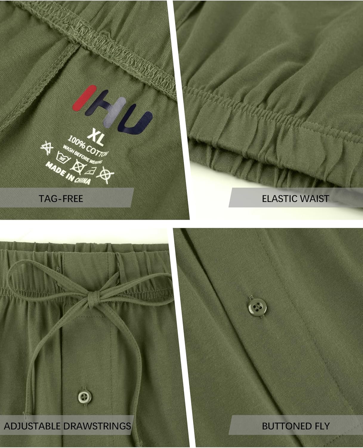 IHU 3 Pack Men's Cotton Pajama Shorts, Soft Sleepwear & Lounge Bottoms with Drawstring & Pockets Sleep Shorts for Men - Image 4