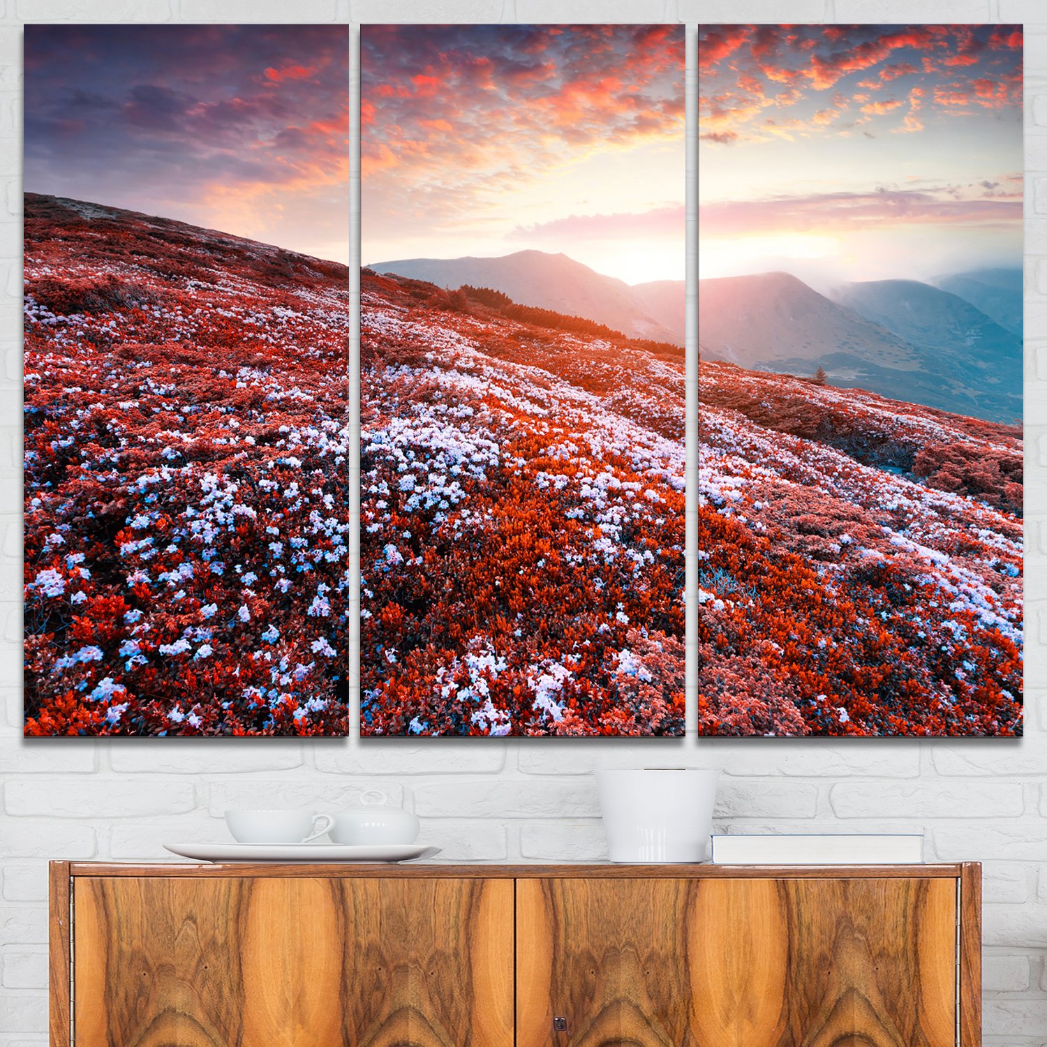 Designart Blooming Fields in Carpathian-Landscape Photo Canvas Art Print-36x28in-Multipanel 3 Piece, 36x28-3 Panels, Red