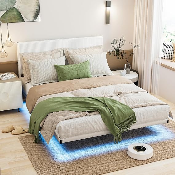Double Bed Frame Floating Bed Frame with LED Lights,White