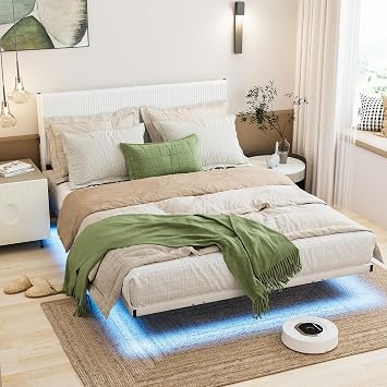 Double Bed Frame Floating Bed Frame with LED Lights,White