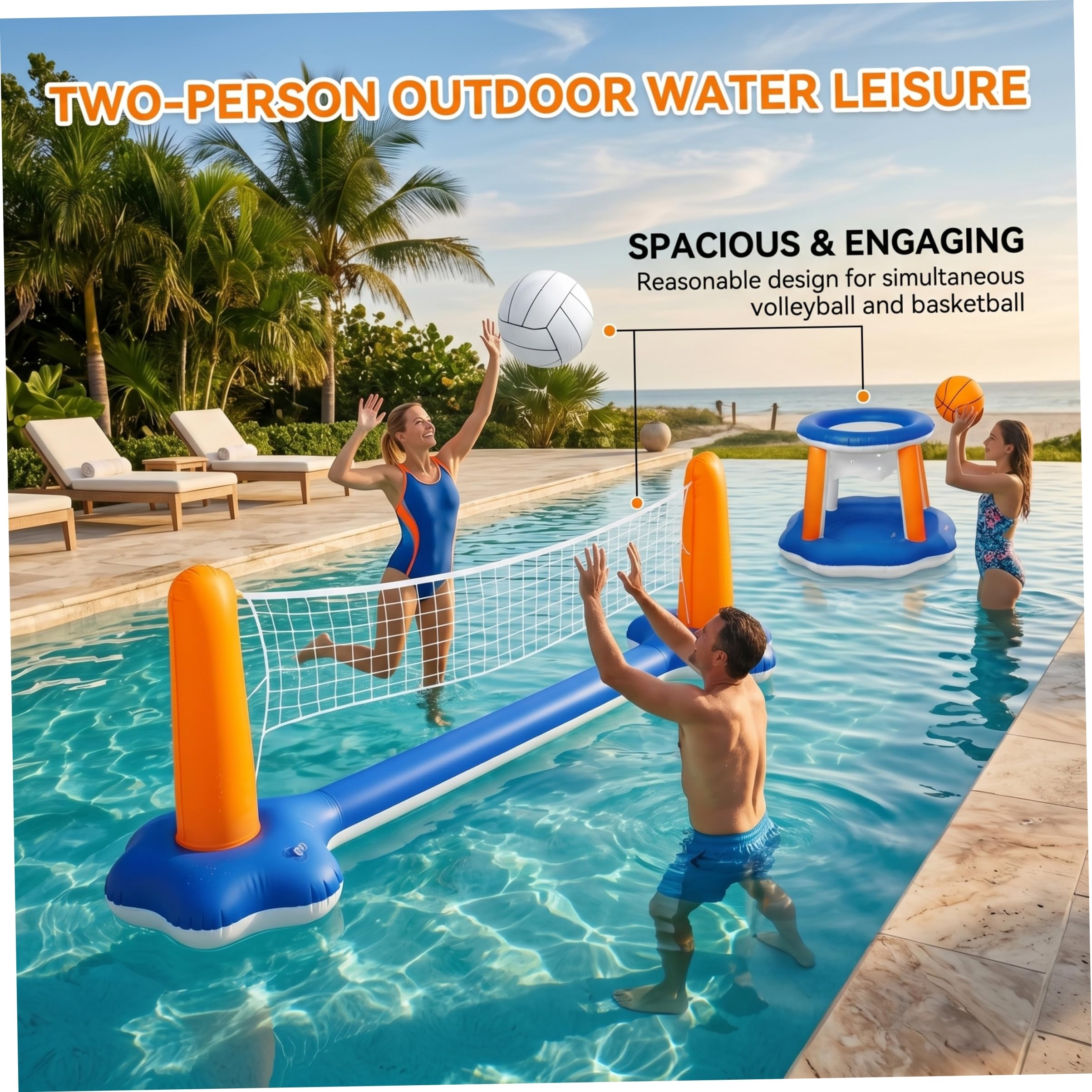 Red flotante de voleibol para piscina, red de voleibol para piscina y juego de baloncesto, juego de agua inflable flotante con 2 bolas, juguetes de verano para exteriores/interiores para adultos, fam
