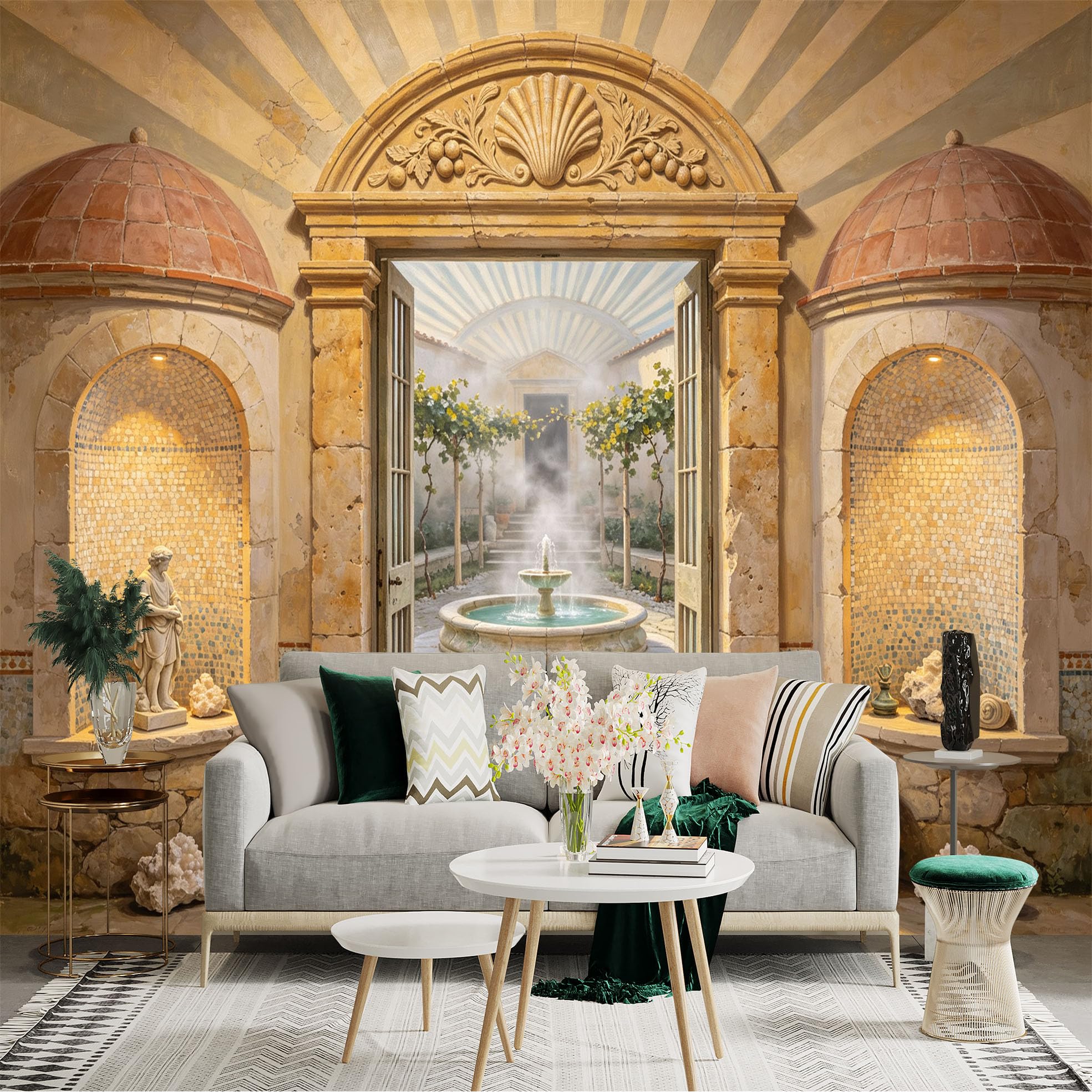Custom Size Wall Sticker Mural， Mediterranean Courtyard with Fountain， Stone Archway and Mosaic Walls， for wall Decoration， peelandstick wall Decals.