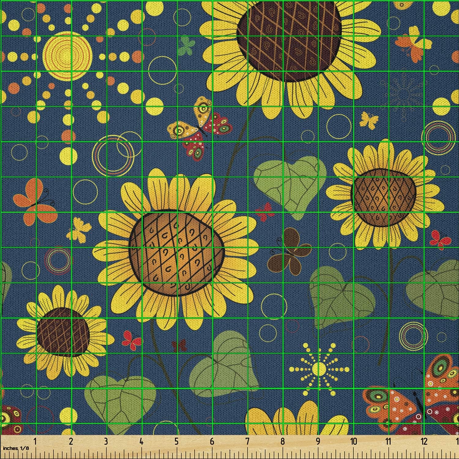 Lunarable Paint Fabric by The Yard, Sunflower Pattern with Colorful Butterflies Sun and Circles Abstract Farming Image, Microfiber Fabric for Arts and Crafts Textiles & Decor, 2 Yards, Night Blue