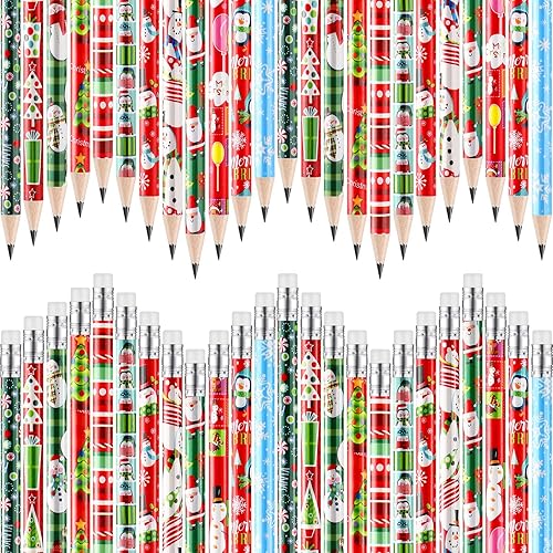 Lápices de Navidad a granel para niños, coloridos lápices de madera de invierno con lápices de borrador, muñeco de nieve, Papá Noel y alce, lápiz de
