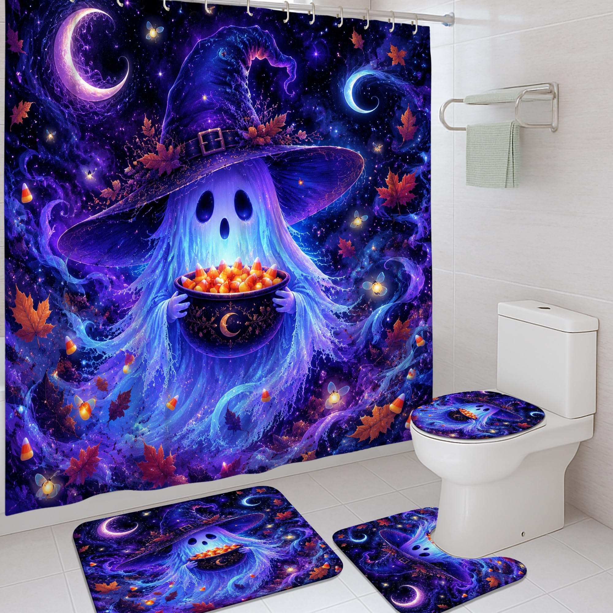 Ensemble rideau de douche fantômes Halloween lavable avec tapis de douche