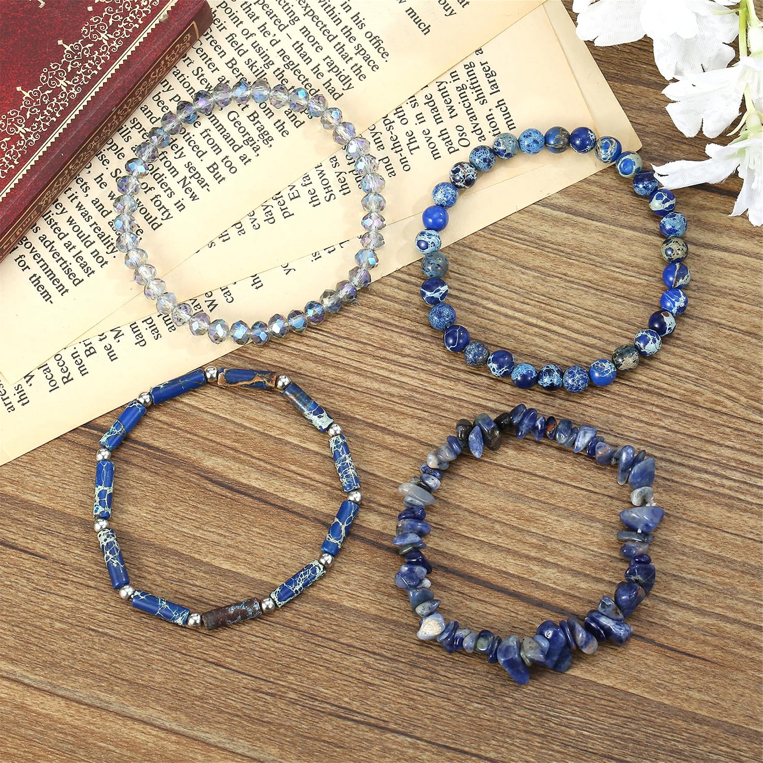 Natural Semi-Precious Gemstone Bracelets for Women 4 Pcs 4 Piece Variety Pack Beaded Stretch Bracelets Set Handmade Healing Crystal Bracelet Jewelry for Women Gifts