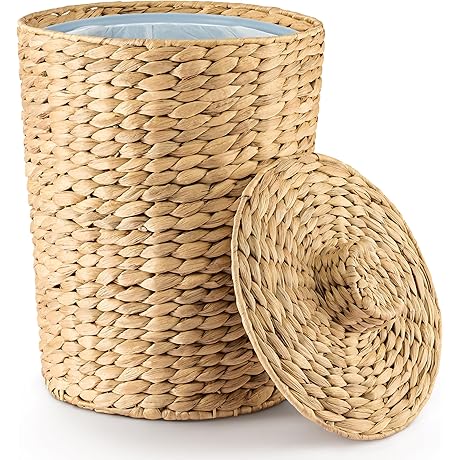 Rattan Trash Can for Bathroom - 3 Gallons Woven Wastebasket with Lid