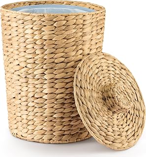 TIDITA 4 Gallon Water Hyacinth Wicker Trash Can with Lid - Boho Bathroom Garbage Bin, Removable Liner, Iron Frame