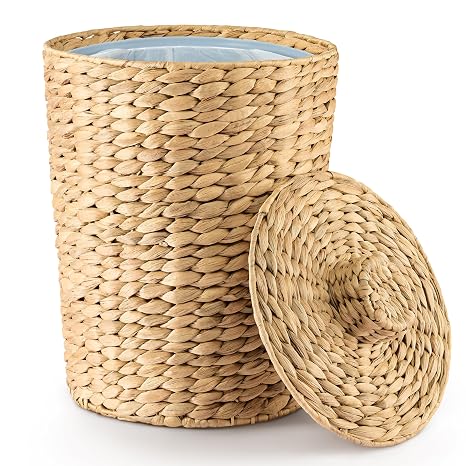 4 Gallons Wicker Waste Basket - Water Hyacinth Bathroom Garbage Can with a Lid - Bathroom Trash Can Boho Style - Wicker Trash Can with Lid for Household, Kitchen - Removable Liner, Iron Frame