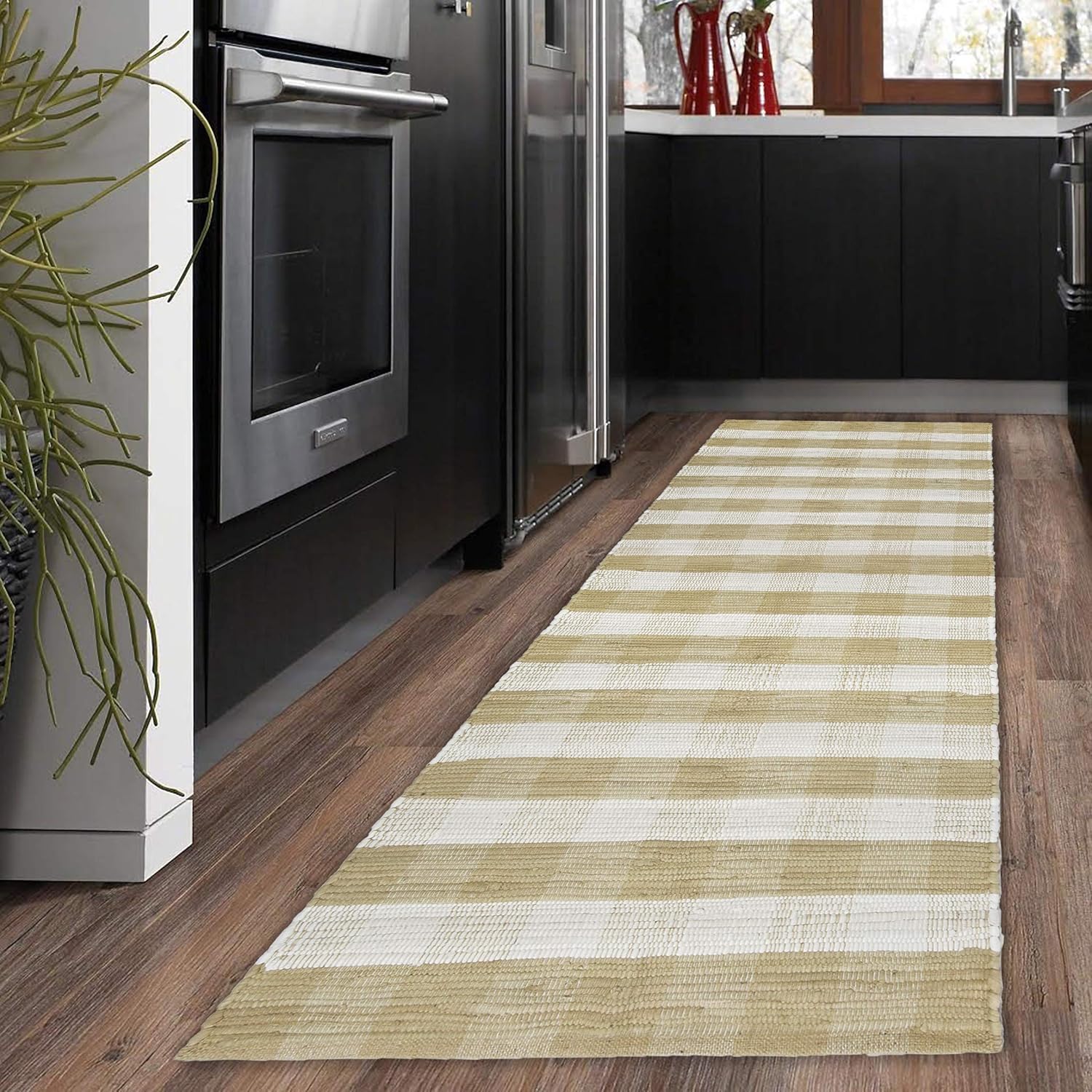 GLAMBURG Cotton Reversible Area Runner Rug 2' x 6' for Bedroom Living Room Kitchen Hallways Front Porch Laundry Room, Handwoven Farmhouse Floor Mat, Washable Checkered Plaid Runner Rug Beige Natural