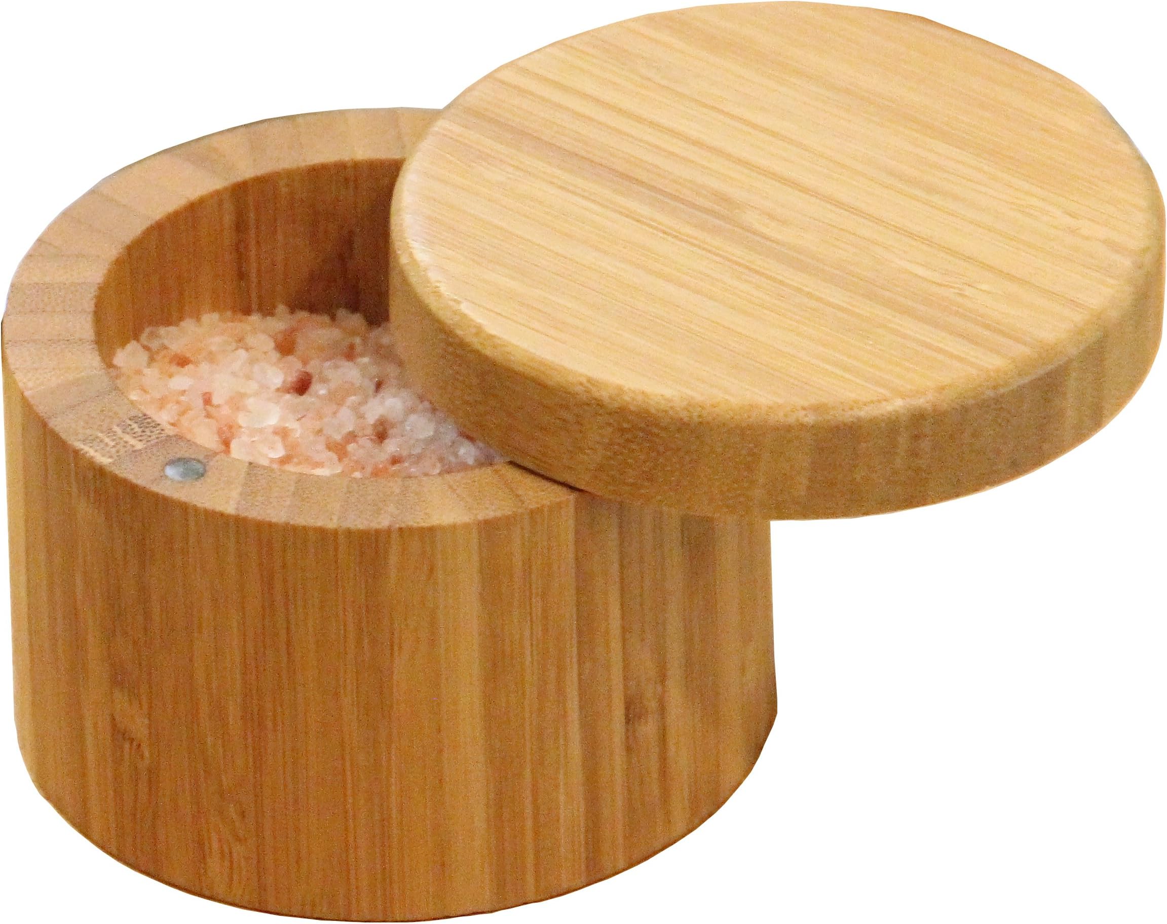 Round Bamboo Salt Box Eco-Friendly, 100% Organic bamboo, Professional-Grade,The best salt storage container on the market.