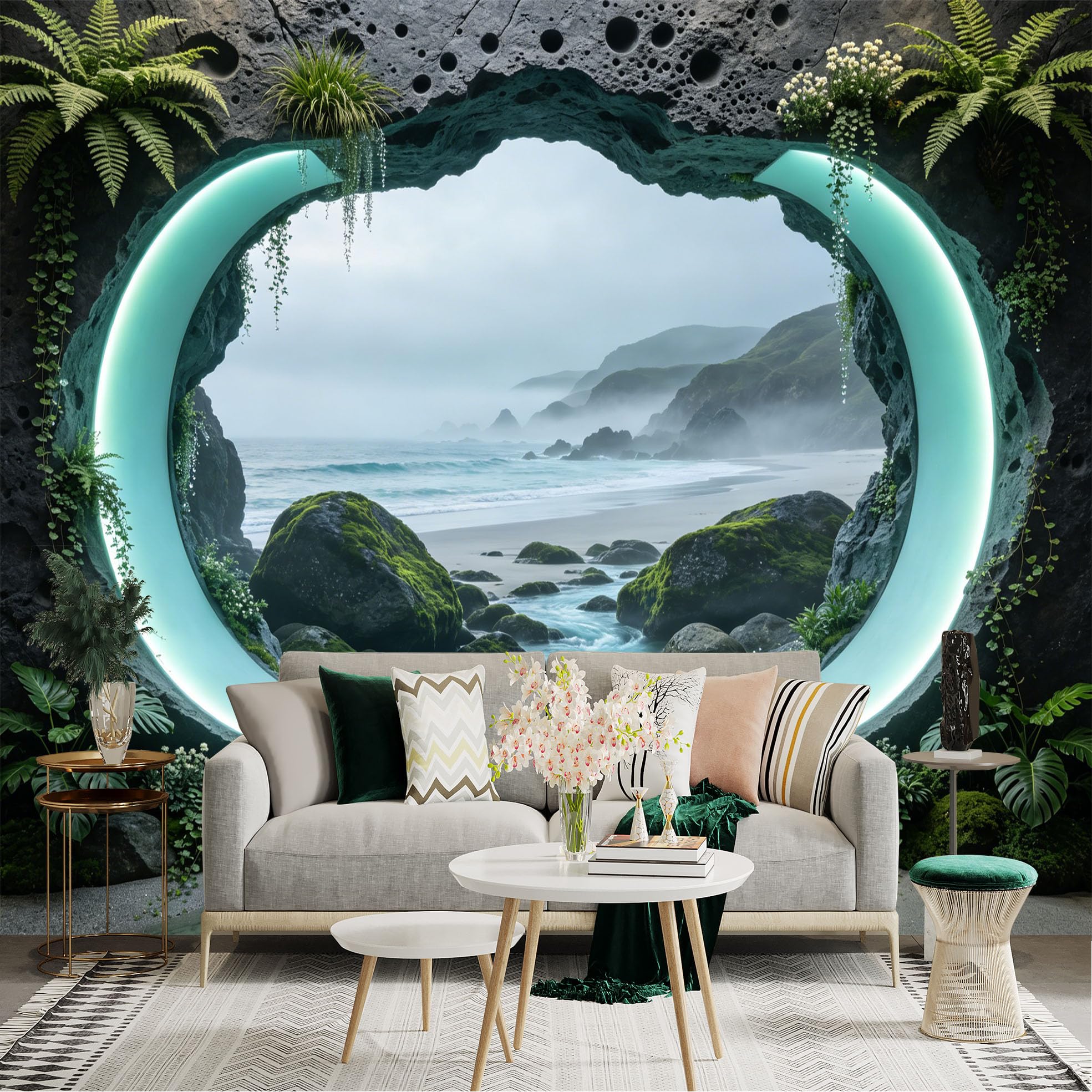 Custom Size Wall Sticker Mural， Futuristic Cave Portal with Ocean View and Mossy Rocks， for wall Decoration， peelandstick wall Decals.