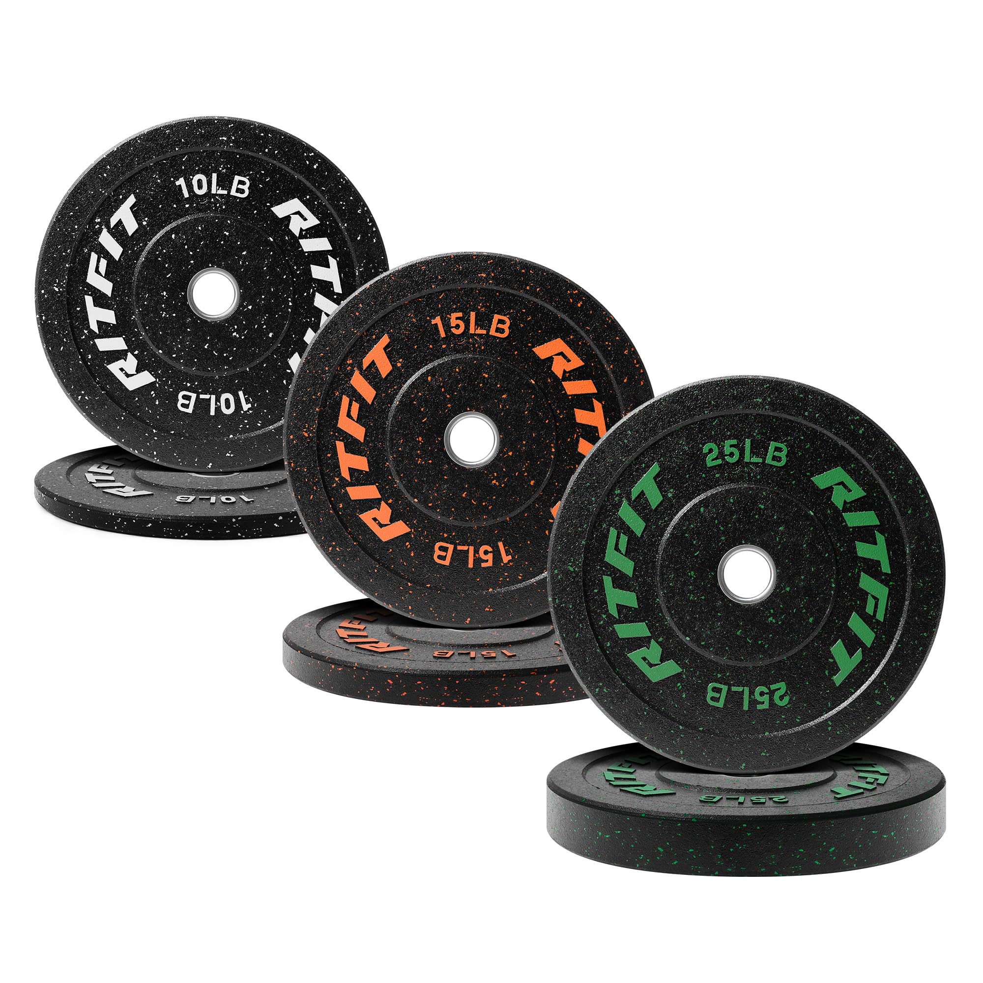 RitFit Bumper Plates, Colored Fleck-Rubber Weight Plates with Steel Insert, 2-inch Olympic Weight Plates for Weight Lifting and Strength Training (Single, Pair & Set) (100 Set)