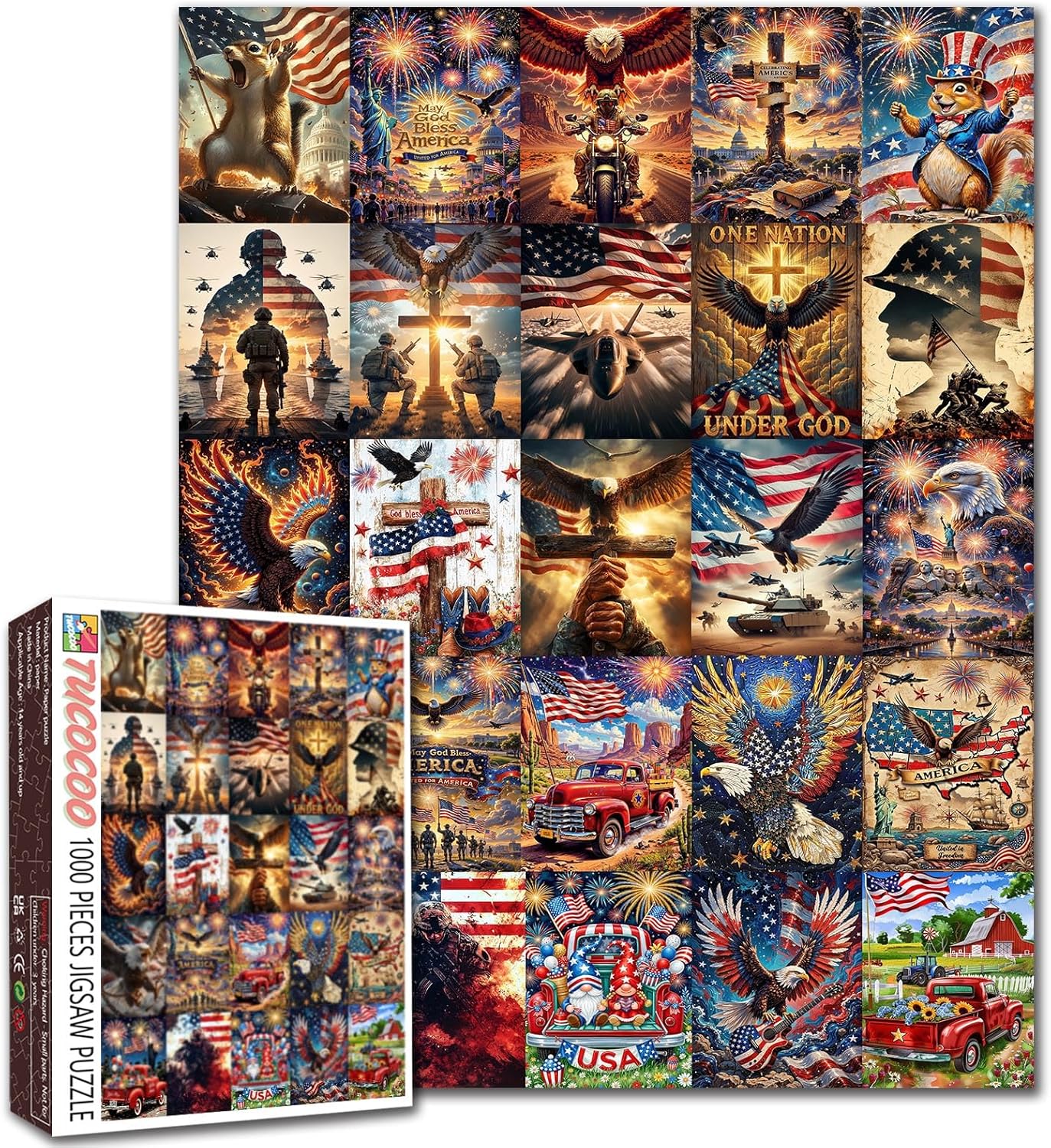 Patriotic American Collage Jigsaw Puzzles for Adults 1000 Pieces USA Flag Americana Eagle DIY Puzzles for Family Activity Games 4th of July Independence Day Vintage Art Puzzle Home Decor Craft Gifts