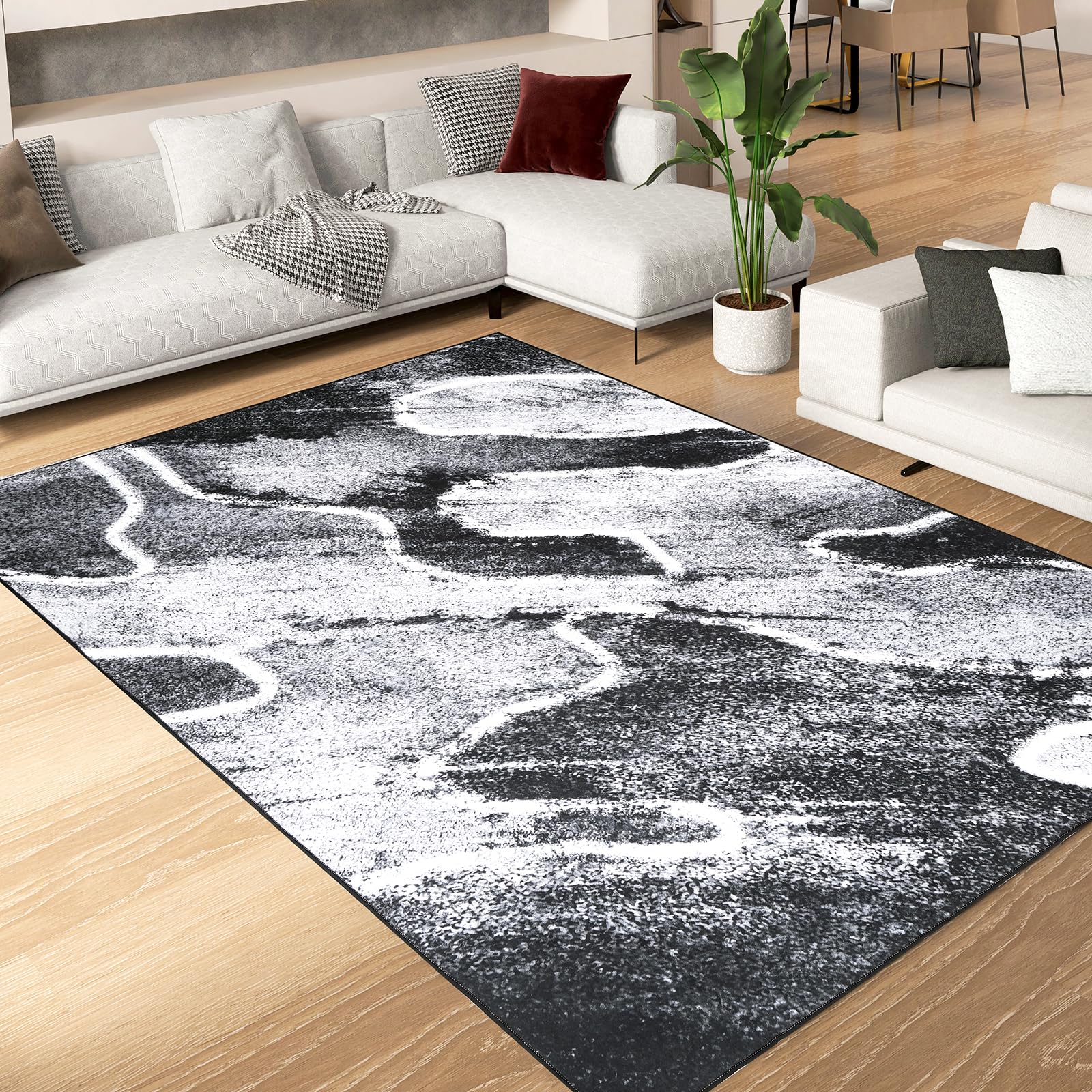 Alishomtll Alfombra de pasillo antideslizante, pelo corto TPR, salón, cocina, dormitorio, lavable, resistente a las manchas, moderna, para cocina, interior, color negro y gris, 120 x 170 cm