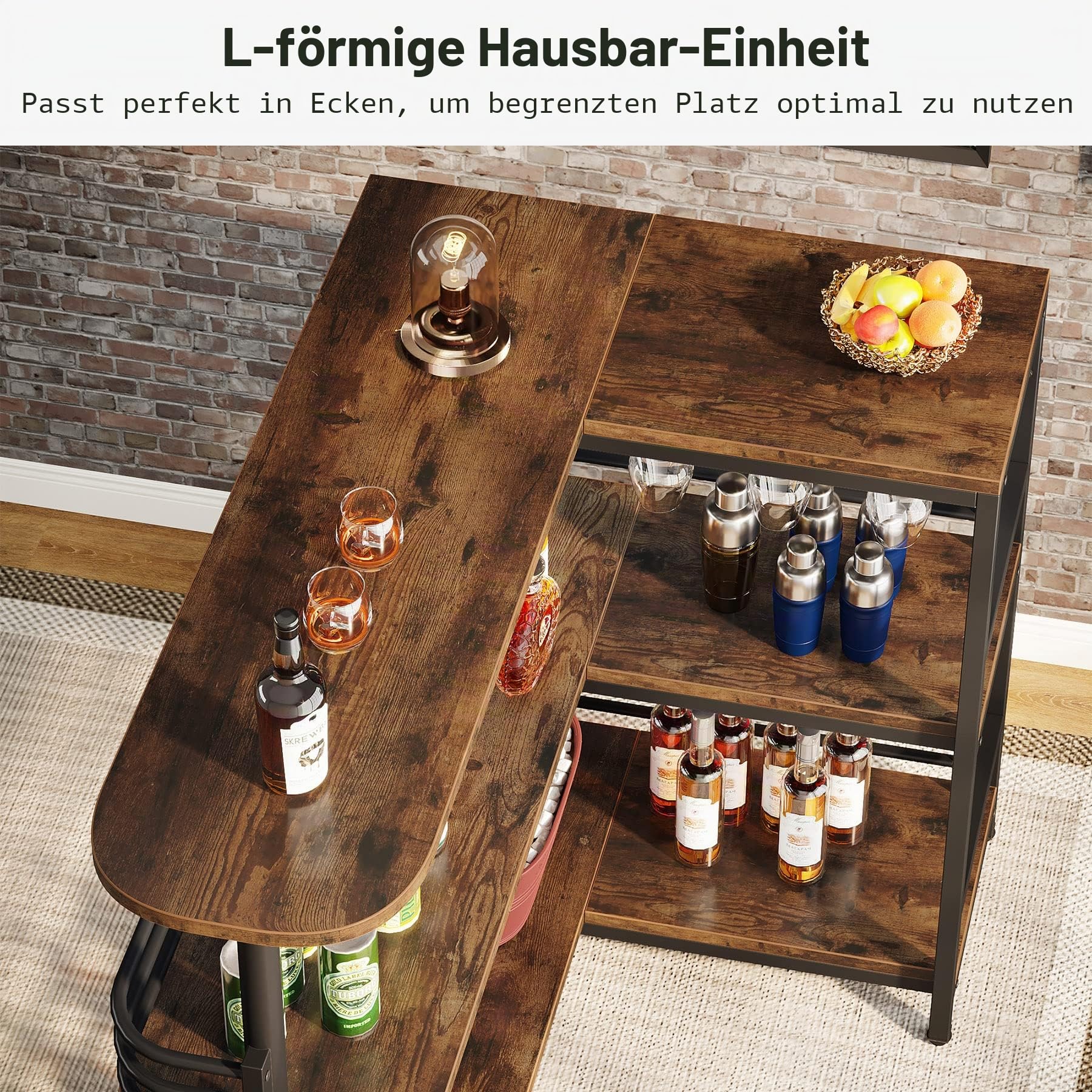 Tribesigns L-förmige Bartisch, 3 Tier Liquor Bistrotisch mit Regal Weinregal und Weingläser Halter, Industrielle Ecke Küchentisch, für Wohnzimmer, Küche, Industrie-Design, Rustikale braun