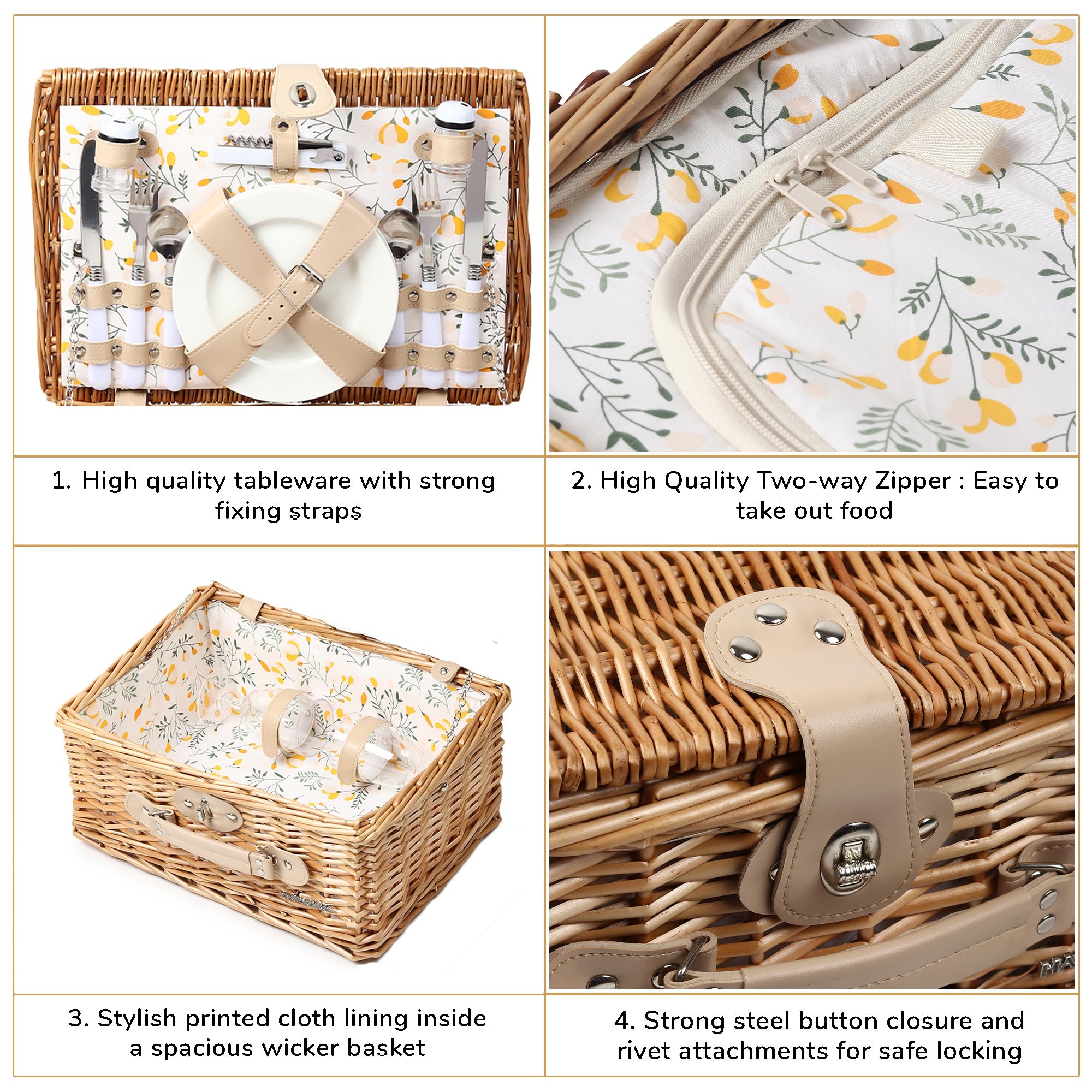 Habere India-All The Cultures Fabricating India Vintage-Style Wicker Picnic Hamper | Wicker Lunch Basket For 2 | Picnic Basket With Utensils Cutlery - Rectangular, Brown (L41xW17xH29cm) 4