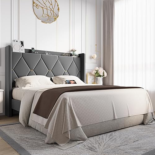 Allewie Velvet Queen Upholstered Bed Frame with Wingback Storage Headboard
