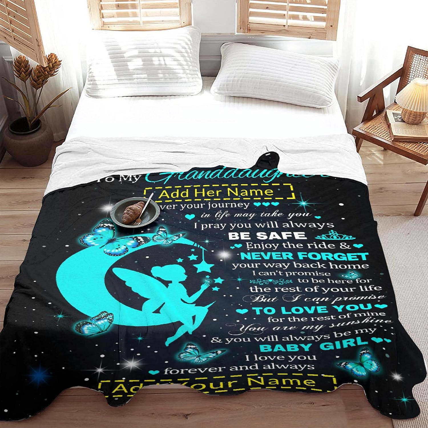 Custom to My Granddaughter Blanket from Grandma Grandpa 50x60 Inches Personalized Girl Name Super Soft Flannel Throws Blankets Birthday Gift Decor for Sofa Bed