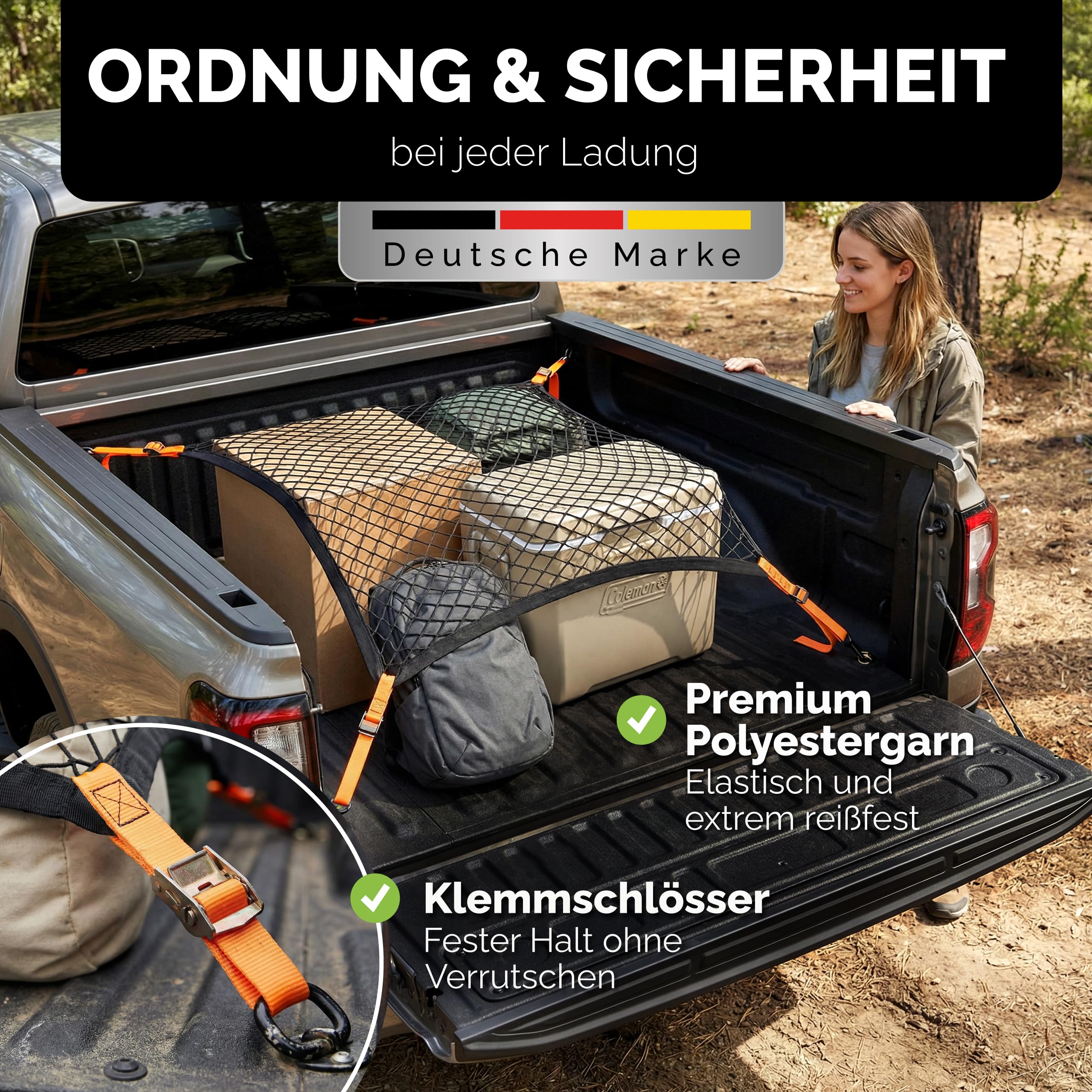 Vicera Gepäcknetz Kofferraum Netz 120x100 cm mit 4 Spanngurten • Kofferraumnetz fürs große SUVs, Transporter, Busse, Vans • Gepäcknetz Auto Ladungssicherung mit Zurrgurten für den Kofferraum