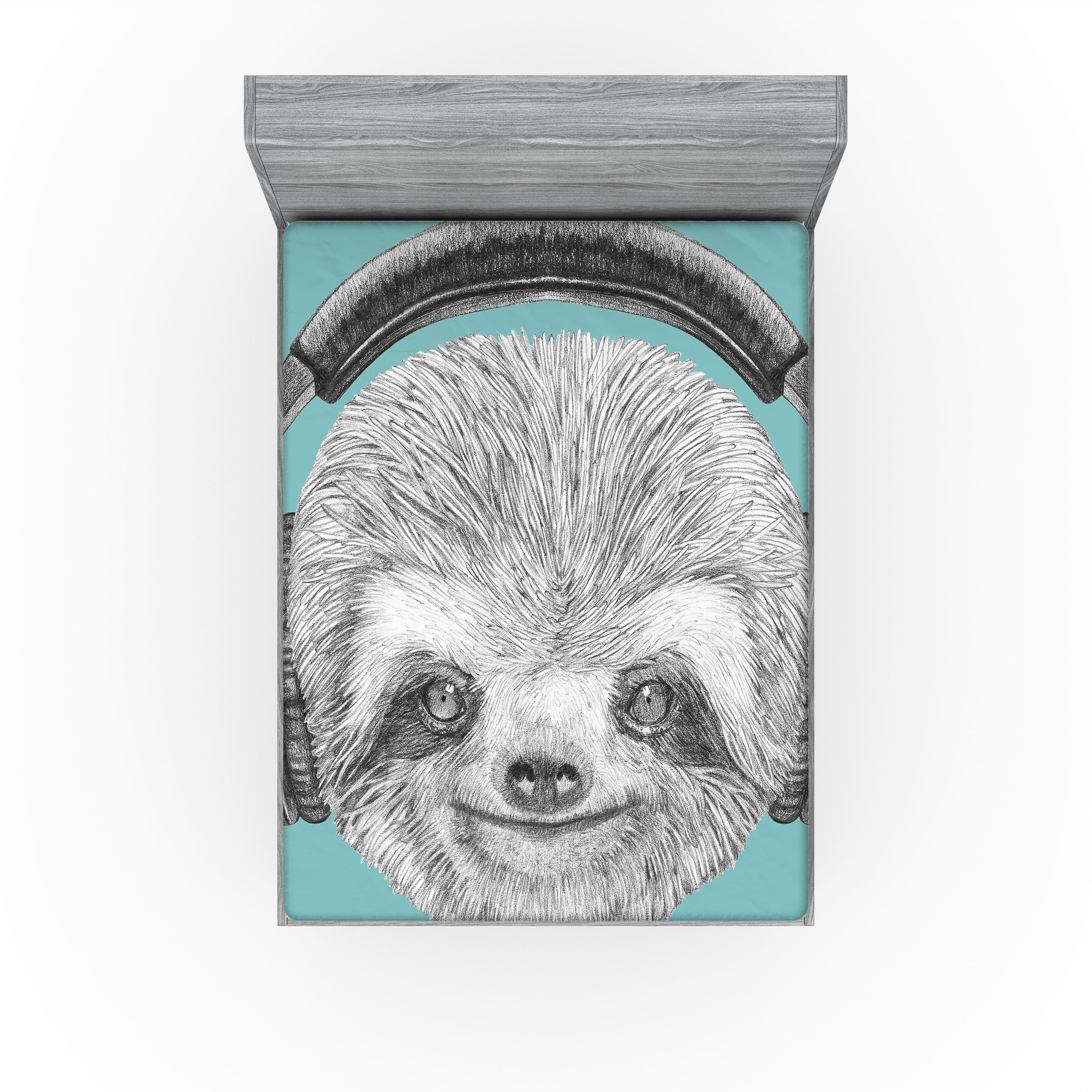 Ambesonne Sloth 2 Pack Fitted Sheet, DJ Sloth Headphones, Bed Cover All-Round Elastic Deep Pockets 2 Pieces, Package Contains 2 Full Size Fitted Sheets, Teal Grey