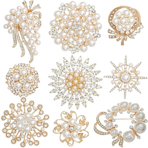 9 Pack Gold Crystal Rhinestone Flower Brooch Pin Set for DIY Wedding Party Bouquets Embellishment Crafts Decor