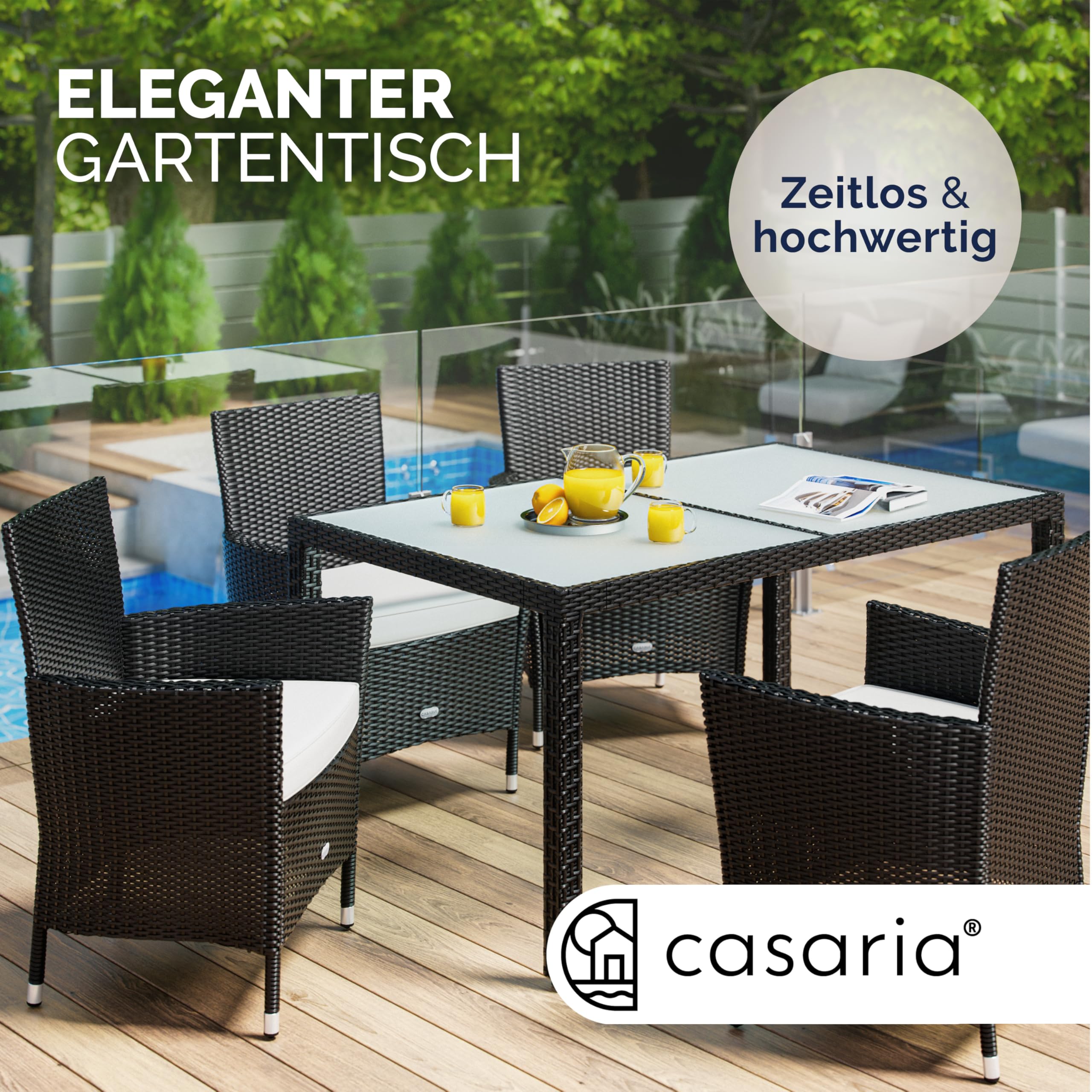 Casaria® Gartentisch Wetterfest 150x90cm Polyrattan Balkontisch Höhenverstellbar 5mm Sicherheitsglas Garten Terrasse Tisch Gartenmöbel Outdoor Schwarz