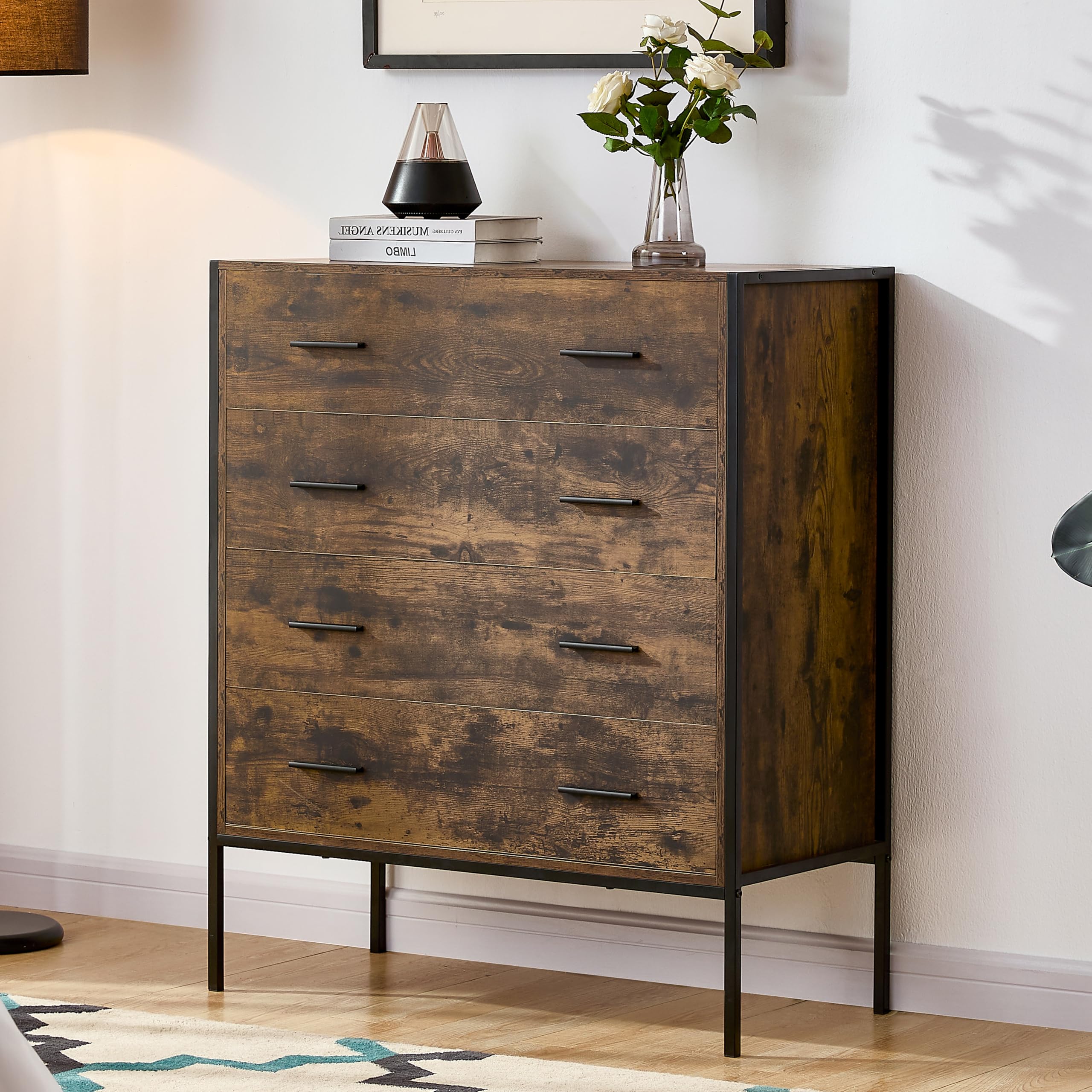 Vida Designs Brooklyn Industrial Chest of Drawer Rustic Bedroom Storage Unit, Cabinet Dresser with Metal Frame (Dark Wood, 4 Drawer)