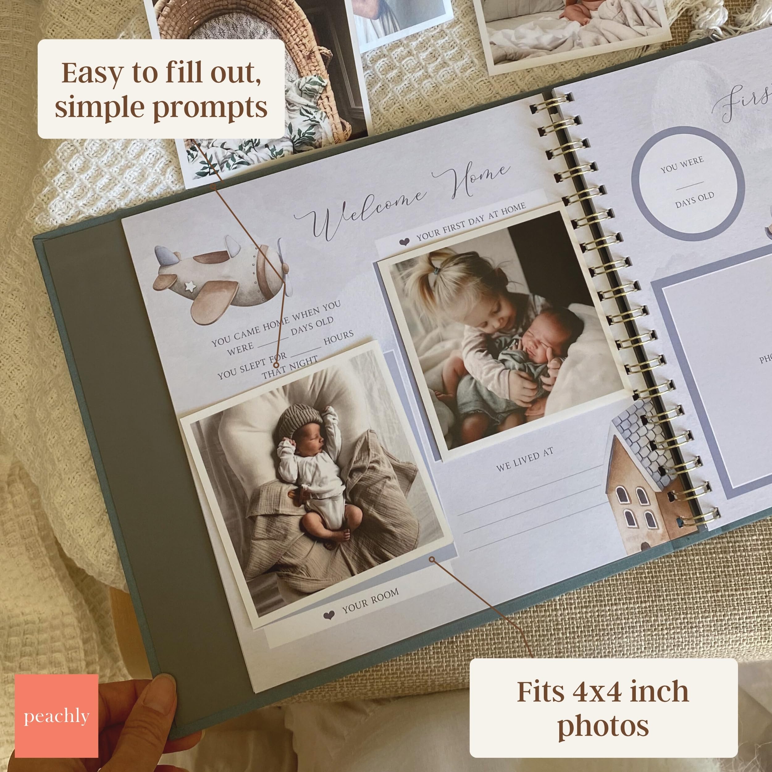 Peachly Baby Erinnerungsalbum Erinnerungsalbum Andenken Erstes Jahr für Meilensteine Einfaches Meilenstein-Album für Jungen, Finn (Blau)