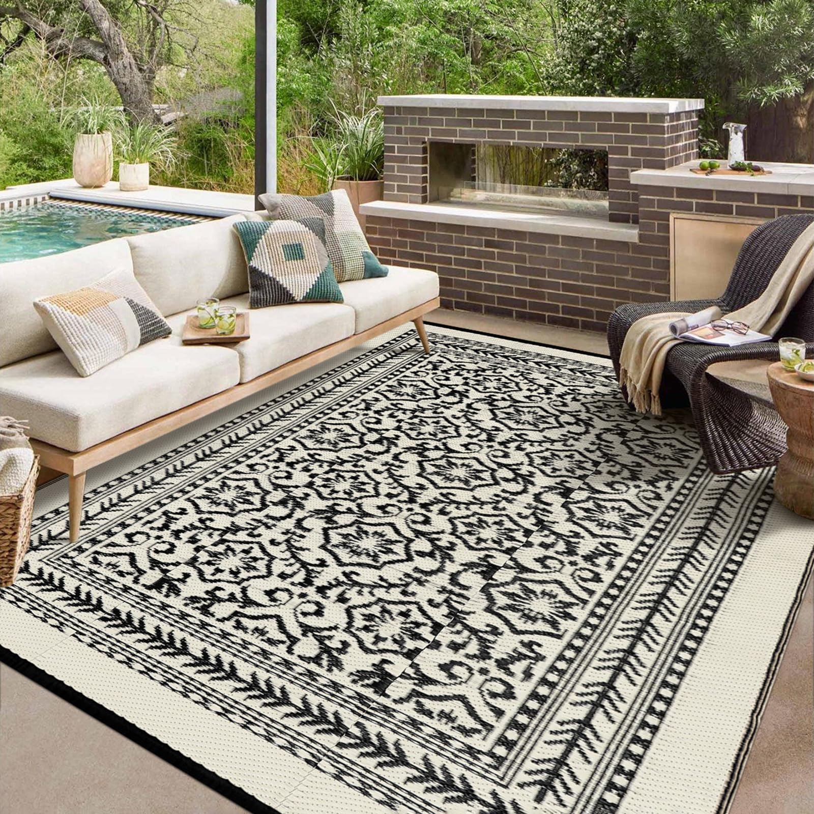 (similar image) Wonnitar Waterproof Outdoor Patio Rugs, 8x20 ft Outdoor Plastic Straw Rug, Reversible Outside RV Rugs for Camping Large Lightweight Deck Rugs for Balcony Backyard Porch Beach, Black/Beige
