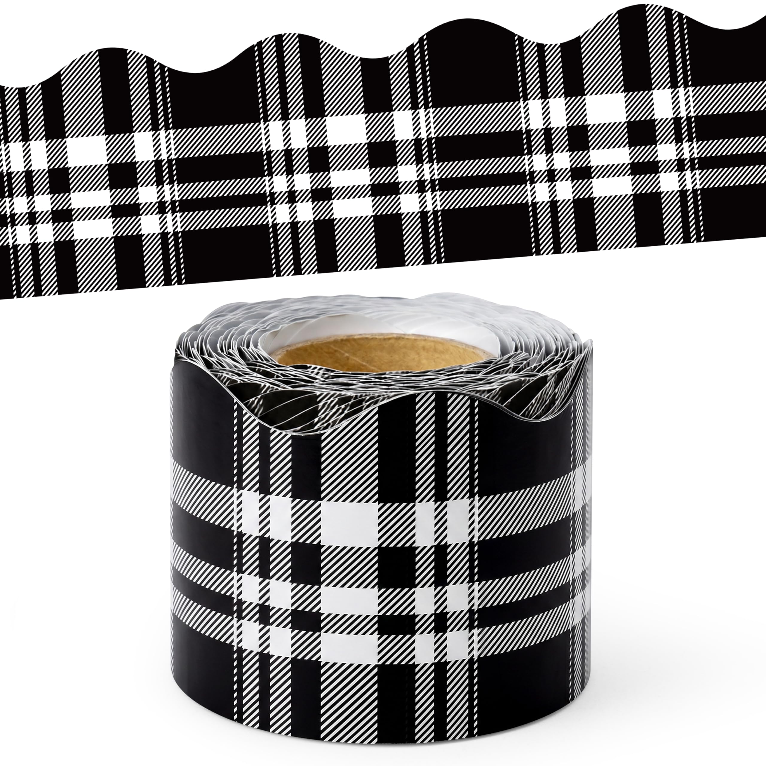 BeYumi Black Plaid Border Trim - 65ft Back to School Classic Black and White Plaid Scalloped Rolled Border Trim Checkered Bulletin Board Set School Classroom Office Chalkboard Wall Holiday Party Decor