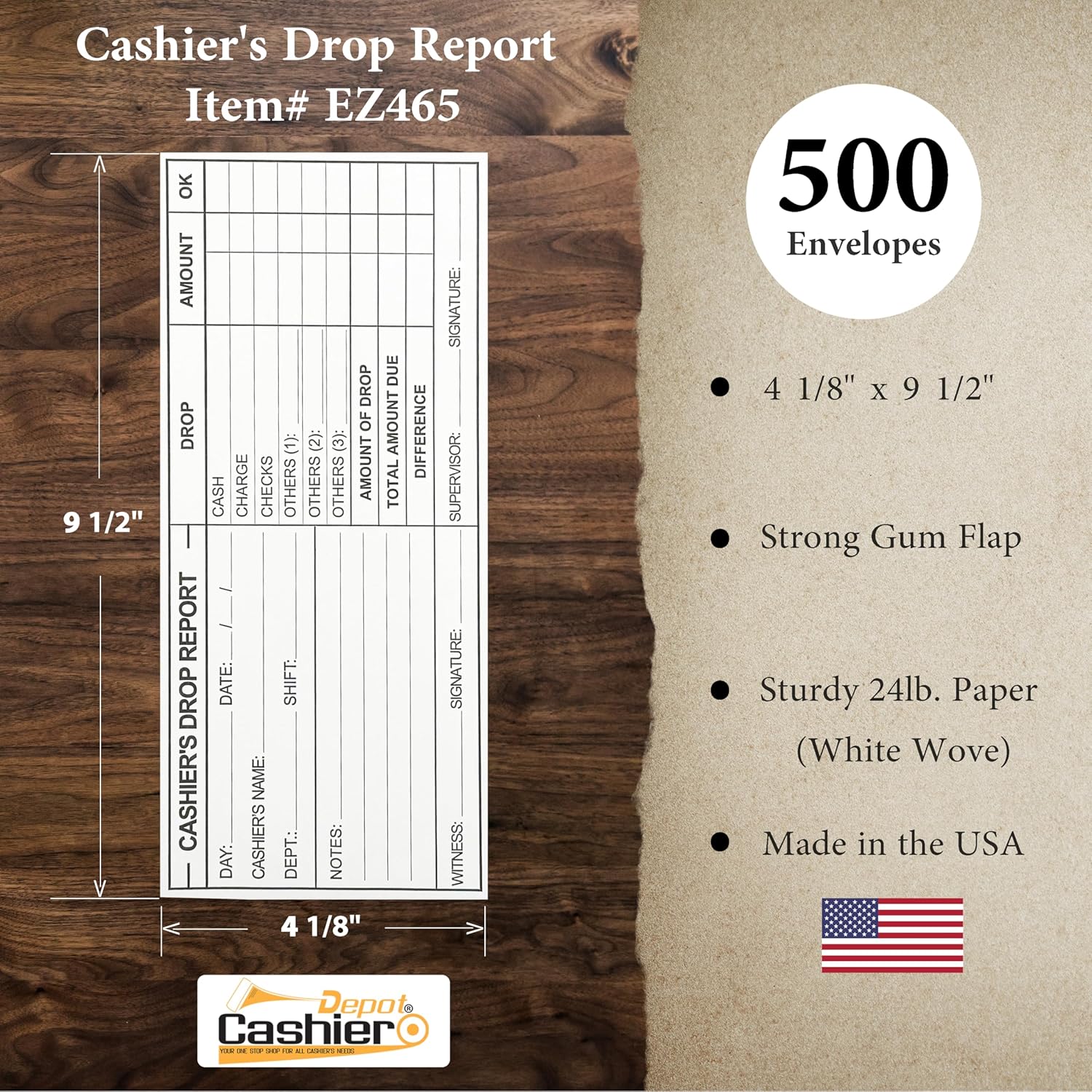 500 Cashier Depot EZ465 Cashier's Drop Report Envelope, 4 1/8" x 9 1/2", Sturdy 24lb. White, Cash Envelopes For Hotels, Restaurants, Gas Stations & Retailers (500 Envelopes) - Image 2