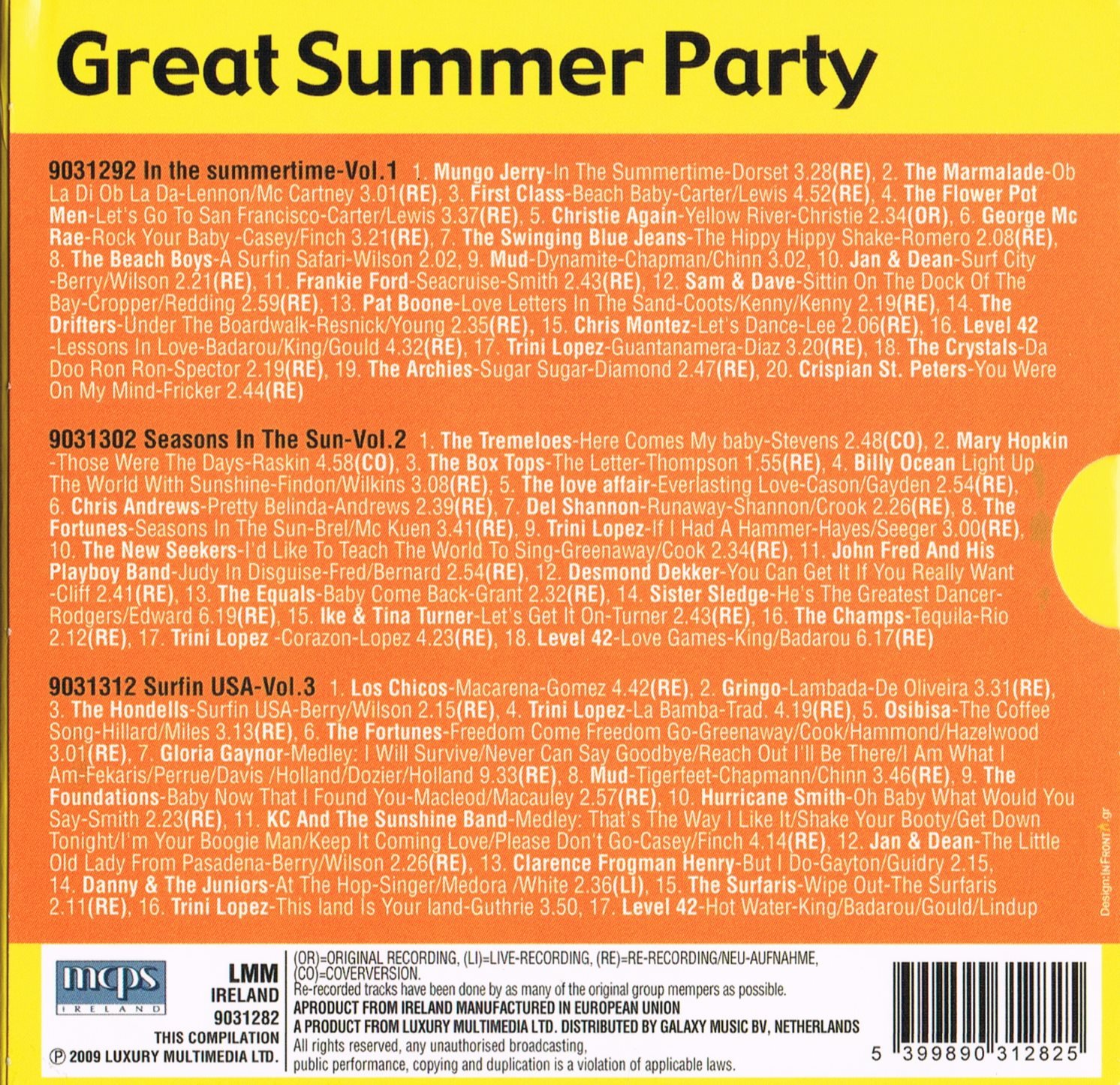 Great Summer Party - More Than 3 Hours of Music (RE-RECORDING, LIVE RECORDING & ORIGINAL RECORDING) [Audio CD] Various Artists, Mungo Jerry, First Class, George McRae, Beach Boys, Frankie Ford, Pat Boone, Trini Lopez, The Archies, Tremelos, Del Shannon, Sister Sledge, Jan & Dean, Level 42
