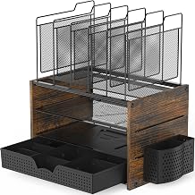 Simple Houseware Mesh Desk Organizer with Wooden Side Board, Rustic Brown