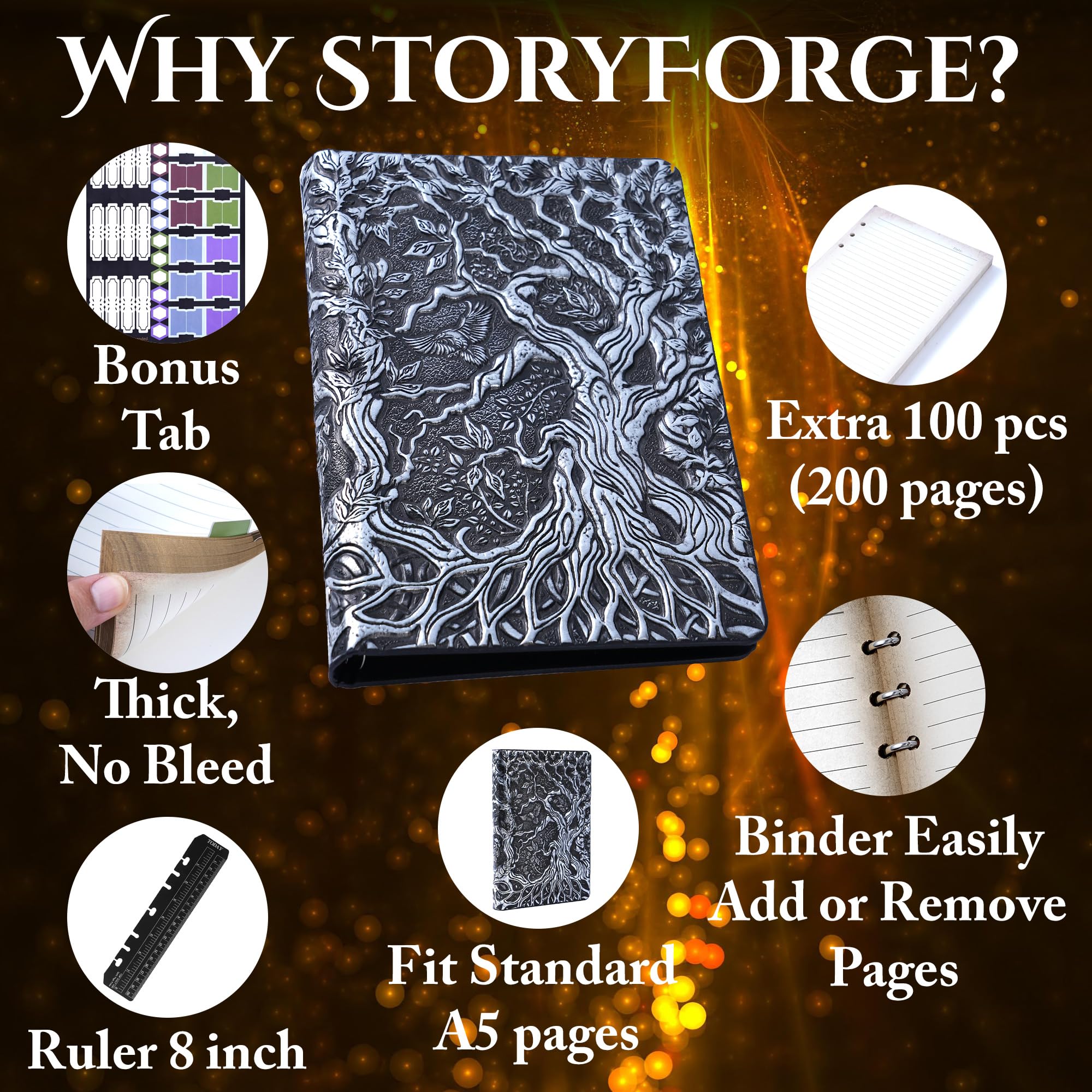 DND Notizbuch Journal nachfüllbar Binder - Story Forge 400 Seiten (200 Blatt) mit atemberaubendem 3D Baum des Lebens Design - Perfekt für Dungeons and Dragons (D&D) mit Bonus-Tabs und Lineal (Silber)