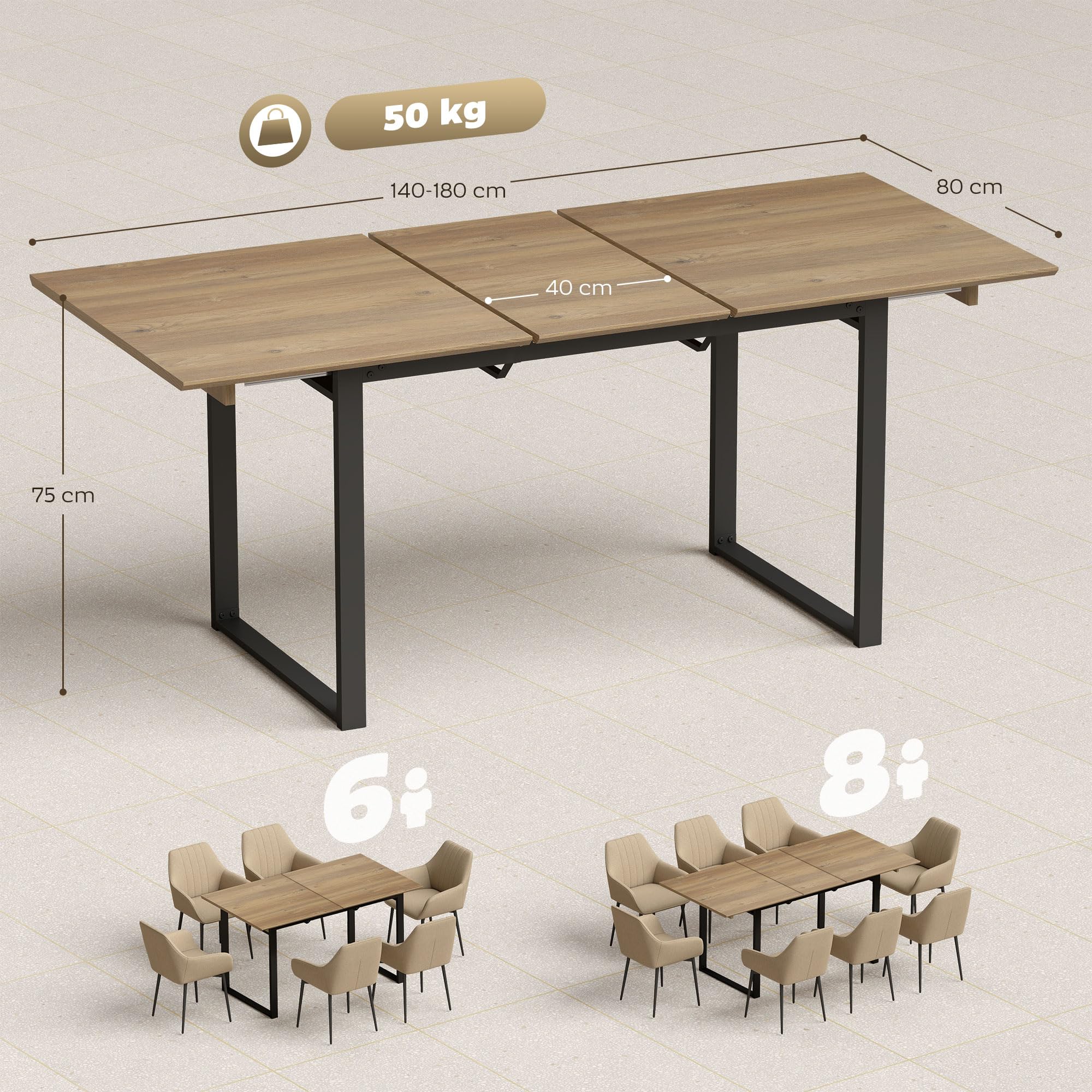 HOMCOM Tavolo da Pranzo Allungabile per 6-8 Persone con Pannelli Rimovibili, 140-180cm Tavolo Allungabile Rettangolare con Base in Acciaio, Stile Industriale, per Sala da Pranzo Soggiorno, Color Legno