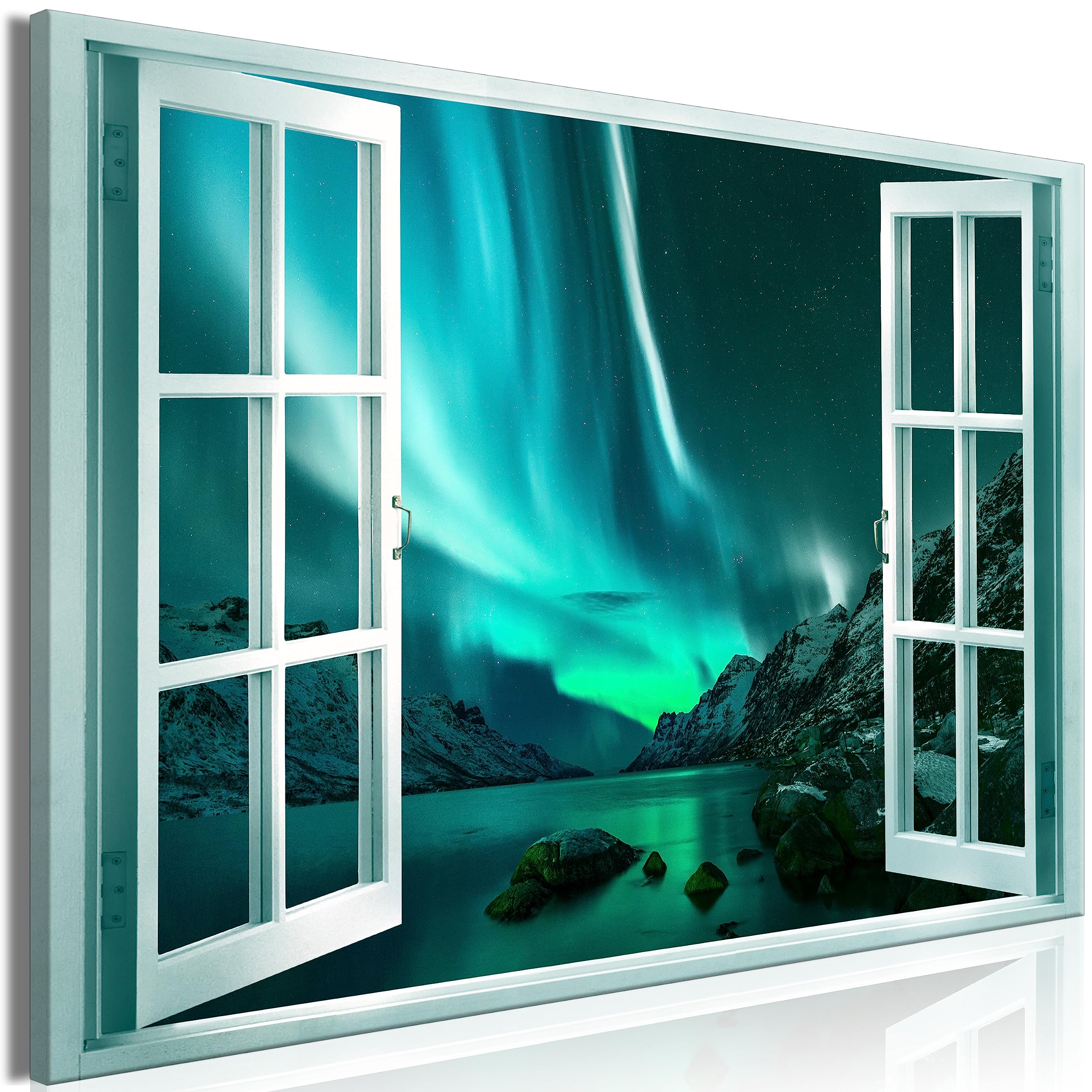 artgeist Acoustic Canvas Wall Art Print Window View 35x24 in - 1pcs Picture with Acoustic Foam Sound Print Artwork Room Acoustics Soundproofing Landscape Aurora Borealis Nothern lights c-C-10083-b-a