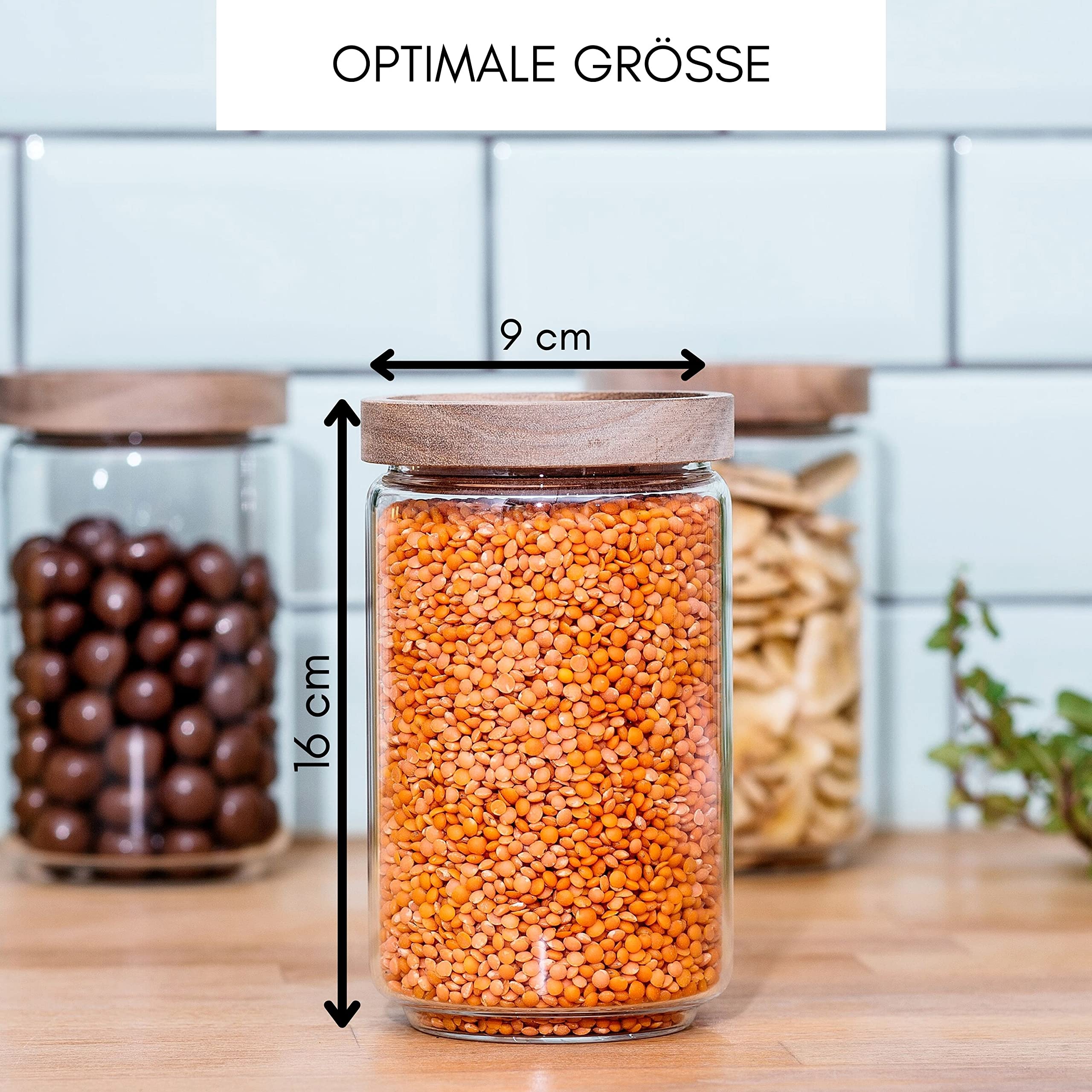 Econovo Set di 3 contenitori in vetro con coperchio, 700 ml, impilabili | Barattoli impilabili in vetro borosilicato, coperchio ermetico in legno, adatti per zucchero, tè, granola e riso
