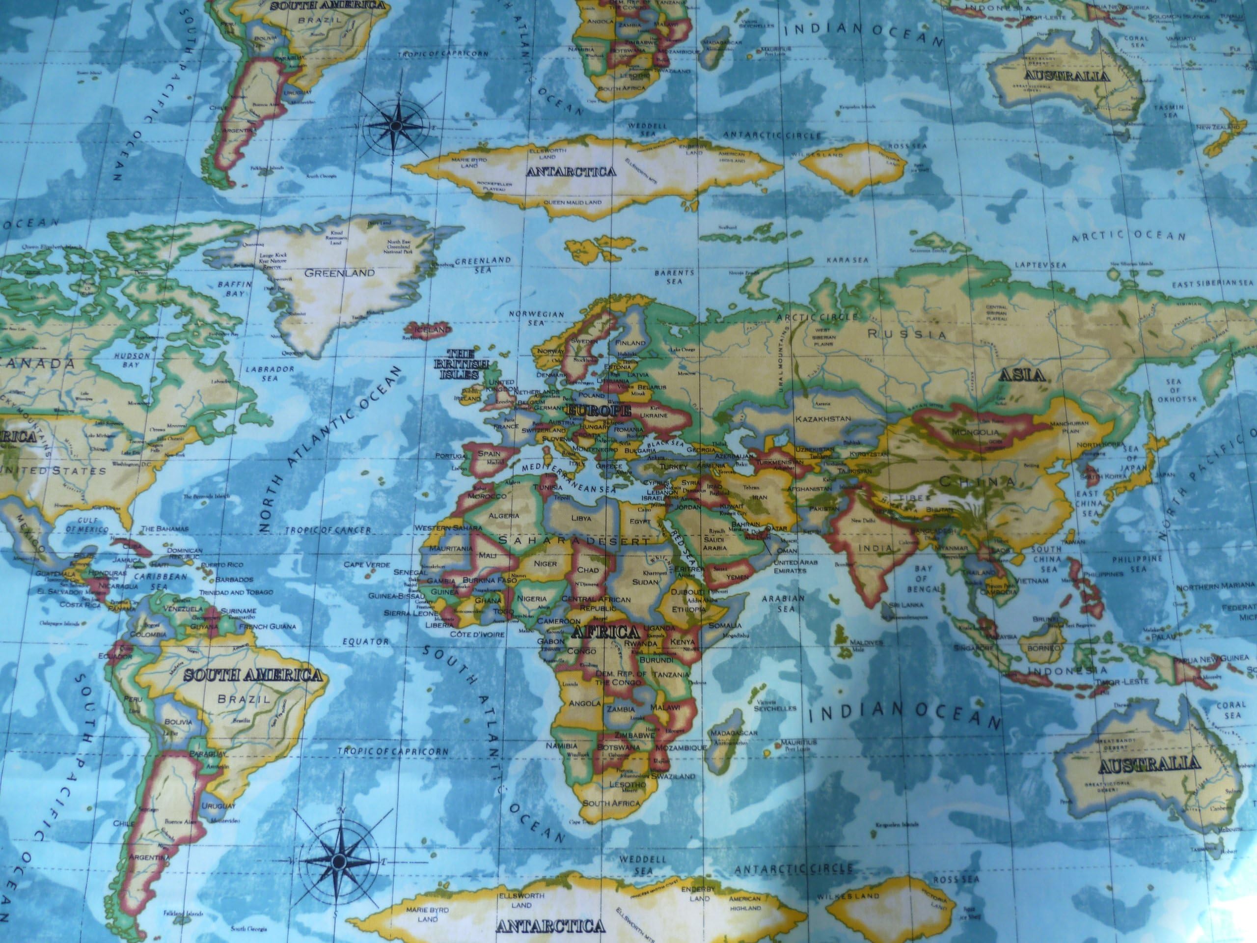 Round Circular Oilcloth Tablecloth Map of World Design Wipe Clean 52" Diameter