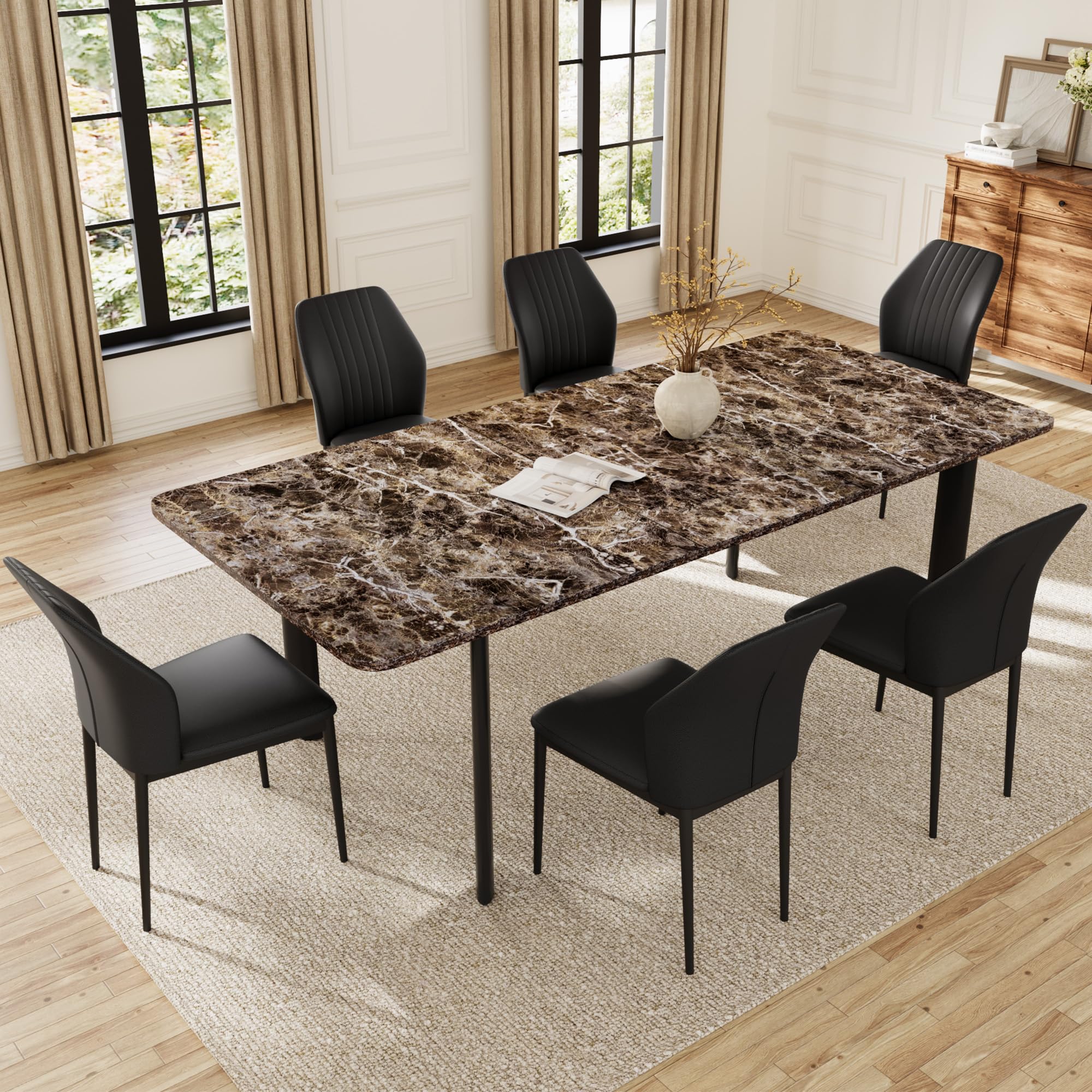 HIPIHOM Extendable Dining Table Set for 6-8 People, 63 to 78.7 Inch MDF Kitchen Table with 6 Upholstered Chairs, Space-Saving for Dining Room,